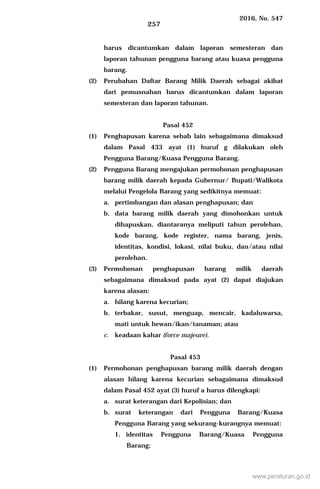 2016, No. 547
257
harus dicantumkan dalam laporan semesteran dan
laporan tahunan pengguna barang atau kuasa pengguna
barang.
(2) Perubahan Daftar Barang Milik Daerah sebagai akibat
dari pemusnahan harus dicantumkan dalam laporan
semesteran dan laporan tahunan.
Pasal 452
(1) Penghapusan karena sebab lain sebagaimana dimaksud
dalam Pasal 433 ayat (1) huruf g dilakukan oleh
Pengguna Barang/Kuasa Pengguna Barang.
(2) Pengguna Barang mengajukan permohonan penghapusan
barang milik daerah kepada Gubernur/ Bupati/Walikota
melalui Pengelola Barang yang sedikitnya memuat:
a. pertimbangan dan alasan penghapusan; dan
b. data barang milik daerah yang dimohonkan untuk
dihapuskan, diantaranya meliputi tahun perolehan,
kode barang, kode register, nama barang, jenis,
identitas, kondisi, lokasi, nilai buku, dan/atau nilai
perolehan.
(3) Permohonan penghapusan barang milik daerah
sebagaimana dimaksud pada ayat (2) dapat diajukan
karena alasan:
a. hilang karena kecurian;
b. terbakar, susut, menguap, mencair, kadaluwarsa,
mati untuk hewan/ikan/tanaman; atau
c. keadaan kahar (force majeure).
Pasal 453
(1) Permohonan penghapusan barang milik daerah dengan
alasan hilang karena kecurian sebagaimana dimaksud
dalam Pasal 452 ayat (3) huruf a harus dilengkapi:
a. surat keterangan dari Kepolisian; dan
b. surat keterangan dari Pengguna Barang/Kuasa
Pengguna Barang yang sekurang-kurangnya memuat:
1. identitas Pengguna Barang/Kuasa Pengguna
Barang;
www.peraturan.go.id
 