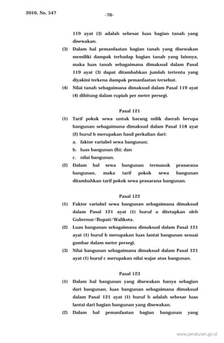 2016, No. 547 -76-
119 ayat (3) adalah sebesar luas bagian tanah yang
disewakan.
(3) Dalam hal pemanfaatan bagian tanah yang disewakan
memiliki dampak terhadap bagian tanah yang lainnya,
maka luas tanah sebagaimana dimaksud dalam Pasal
119 ayat (3) dapat ditambahkan jumlah tertentu yang
diyakini terkena dampak pemanfaatan tersebut.
(4) Nilai tanah sebagaimana dimaksud dalam Pasal 119 ayat
(4) dihitung dalam rupiah per meter persegi.
Pasal 121
(1) Tarif pokok sewa untuk barang milik daerah berupa
bangunan sebagaimana dimaksud dalam Pasal 118 ayat
(2) huruf b merupakan hasil perkalian dari:
a. faktor variabel sewa bangunan;
b. luas bangunan (lb); dan
c. nilai bangunan.
(2) Dalam hal sewa bangunan termasuk prasarana
bangunan, maka tarif pokok sewa bangunan
ditambahkan tarif pokok sewa prasarana bangunan.
Pasal 122
(1) Faktor variabel sewa bangunan sebagaimana dimaksud
dalam Pasal 121 ayat (1) huruf a ditetapkan oleh
Gubernur/Bupati/Walikota.
(2) Luas bangunan sebagaimana dimaksud dalam Pasal 121
ayat (1) huruf b merupakan luas lantai bangunan sesuai
gambar dalam meter persegi.
(3) Nilai bangunan sebagaimana dimaksud dalam Pasal 121
ayat (1) huruf c merupakan nilai wajar atas bangunan.
Pasal 123
(1) Dalam hal bangunan yang disewakan hanya sebagian
dari bangunan, luas bangunan sebagaimana dimaksud
dalam Pasal 121 ayat (1) huruf b adalah sebesar luas
lantai dari bagian bangunan yang disewakan.
(2) Dalam hal pemanfaatan bagian bangunan yang
www.peraturan.go.id
 