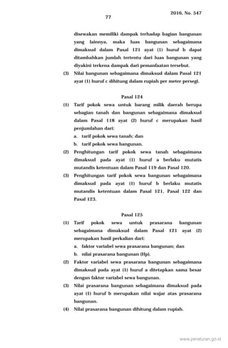 2016, No. 547
77
disewakan memiliki dampak terhadap bagian bangunan
yang lainnya, maka luas bangunan sebagaimana
dimaksud dalam Pasal 121 ayat (1) huruf b dapat
ditambahkan jumlah tertentu dari luas bangunan yang
diyakini terkena dampak dari pemanfaatan tersebut.
(3) Nilai bangunan sebagaimana dimaksud dalam Pasal 121
ayat (1) huruf c dihitung dalam rupiah per meter persegi.
Pasal 124
(1) Tarif pokok sewa untuk barang milik daerah berupa
sebagian tanah dan bangunan sebagaimana dimaksud
dalam Pasal 118 ayat (2) huruf c merupakan hasil
penjumlahan dari:
a. tarif pokok sewa tanah; dan
b. tarif pokok sewa bangunan.
(2) Penghitungan tarif pokok sewa tanah sebagaimana
dimaksud pada ayat (1) huruf a berlaku mutatis
mutandis ketentuan dalam Pasal 119 dan Pasal 120.
(3) Penghitungan tarif pokok sewa bangunan sebagaimana
dimaksud pada ayat (1) huruf b berlaku mutatis
mutandis ketentuan dalam Pasal 121, Pasal 122 dan
Pasal 123.
Pasal 125
(1) Tarif pokok sewa untuk prasarana bangunan
sebagaimana dimaksud dalam Pasal 121 ayat (2)
merupakan hasil perkalian dari:
a. faktor variabel sewa prasarana bangunan; dan
b. nilai prasarana bangunan (Hp).
(2) Faktor variabel sewa prasarana bangunan sebagaimana
dimaksud pada ayat (1) huruf a ditetapkan sama besar
dengan faktor variabel sewa bangunan.
(3) Nilai prasarana bangunan sebagaimana dimaksud pada
ayat (1) huruf b merupakan nilai wajar atas prasarana
bangunan.
(4) Nilai prasarana bangunan dihitung dalam rupiah.
www.peraturan.go.id
 