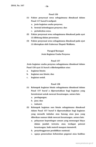 2016, No. 547 -78-
Pasal 126
(1) Faktor penyesuai sewa sebagaimana dimaksud dalam
Pasal 117 huruf b meliputi:
a. jenis kegiatan usaha penyewa;
b. bentuk kelembagaan penyewa; dan
c. periodesitas sewa.
(2) Faktor penyesuai sewa sebagaimana dimaksud pada ayat
(1) dihitung dalam persentase.
(3) Faktor penyesuai sewa sebagaimana dimaksud pada ayat
(1) ditetapkan oleh Gubernur/Bupati/Walikota.
Paragraf Keempat
Jenis Kegiatan Usaha Penyewa
Pasal 127
Jenis kegiatan usaha penyewa sebagaimana dimaksud dalam
Pasal 126 ayat (1) huruf a dikelompokkan atas:
a. kegiatan bisnis;
b. kegiatan non bisnis; dan
c. kegiatan sosial.
Pasal 128
(1) Kelompok kegiatan bisnis sebagaimana dimaksud dalam
Pasal 127 huruf a diperuntukkan bagi kegiatan yang
berorientasi untuk mencari keuntungan, antara lain:
a. perdagangan;
b. jasa; dan
c. industri.
(2) Kelompok kegiatan non bisnis sebagaimana dimaksud
dalam Pasal 127 huruf b diperuntukkan bagi kegiatan
yang menarik imbalan atas barang atau jasa yang
diberikan namun tidak mencari keuntungan, antara lain:
a. pelayanan kepentingan umum yang memungut biaya
dalam jumlah tertentu atau terdapat potensi
keuntungan, baik materil maupun immateril;
b. penyelenggaraan pendidikan nasional;
c. upaya pemenuhan kebutuhan pegawai atau fasilitas
www.peraturan.go.id
 