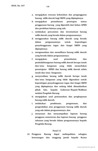 2016, No. 547 -14-
a. mengajukan rencana kebutuhan dan penganggaran
barang milik daerah bagi SKPD yang dipimpinnya;
b. mengajukan permohonan penetapan status
penggunaan barang yang diperoleh dari beban APBD
dan perolehan lainnya yang sah;
c. melakukan pencatatan dan inventarisasi barang
milik daerah yang berada dalam penguasaannya;
d. menggunakan barang milik daerah yang berada
dalam penguasaannya untuk kepentingan
penyelenggaraan tugas dan fungsi SKPD yang
dipimpinnya;
e. mengamankan dan memelihara barang milik daerah
yang berada dalam penguasaannya;
f. mengajukan usul pemanfaatan dan
pemindahtanganan barang milik daerah berupa tanah
dan/atau bangunan yang tidak memerlukan
persetujuan DPRD dan barang milik daerah selain
tanah dan/atau bangunan;
g. menyerahkan barang milik daerah berupa tanah
dan/atau bangunan yang tidak digunakan untuk
kepentingan penyelenggaraan tugas dan fungsi SKPD
yang dipimpinnya dan sedang tidak dimanfaatkan
pihak lain, kepada Gubernur/Bupati/Walikota
melalui Pengelola Barang;
h. mengajukan usul pemusnahan dan penghapusan
barang milik daerah;
i. melakukan pembinaan, pengawasan, dan
pengendalian atas penggunaan barang milik daerah
yang ada dalam penguasaannya; dan
j. menyusun dan menyampaikan laporan barang
pengguna semesteran dan laporan barang pengguna
tahunan yang berada dalam penguasaannya kepada
Pengelola Barang.
Pasal 13
(1) Pengguna Barang dapat melimpahkan sebagian
kewenangan dan tanggung jawab kepada Kuasa
www.peraturan.go.id
 