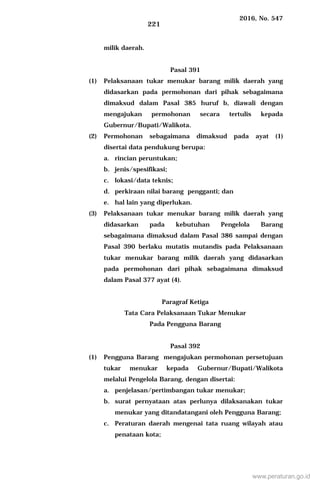 2016, No. 547
221
milik daerah.
Pasal 391
(1) Pelaksanaan tukar menukar barang milik daerah yang
didasarkan pada permohonan dari pihak sebagaimana
dimaksud dalam Pasal 385 huruf b, diawali dengan
mengajukan permohonan secara tertulis kepada
Gubernur/Bupati/Walikota.
(2) Permohonan sebagaimana dimaksud pada ayat (1)
disertai data pendukung berupa:
a. rincian peruntukan;
b. jenis/spesifikasi;
c. lokasi/data teknis;
d. perkiraan nilai barang pengganti; dan
e. hal lain yang diperlukan.
(3) Pelaksanaan tukar menukar barang milik daerah yang
didasarkan pada kebutuhan Pengelola Barang
sebagaimana dimaksud dalam Pasal 386 sampai dengan
Pasal 390 berlaku mutatis mutandis pada Pelaksanaan
tukar menukar barang milik daerah yang didasarkan
pada permohonan dari pihak sebagaimana dimaksud
dalam Pasal 377 ayat (4).
Paragraf Ketiga
Tata Cara Pelaksanaan Tukar Menukar
Pada Pengguna Barang
Pasal 392
(1) Pengguna Barang mengajukan permohonan persetujuan
tukar menukar kepada Gubernur/Bupati/Walikota
melalui Pengelola Barang, dengan disertai:
a. penjelasan/pertimbangan tukar menukar;
b. surat pernyataan atas perlunya dilaksanakan tukar
menukar yang ditandatangani oleh Pengguna Barang;
c. Peraturan daerah mengenai tata ruang wilayah atau
penataan kota;
www.peraturan.go.id
 