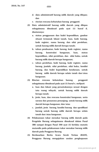 2016, No. 547 -222-
d. data administratif barang milik daerah yang dilepas;
dan
e. rincian rencana kebutuhan barang pengganti.
(2) Data administratif barang milik daerah yang dilepas
sebagaimana dimaksud pada ayat (1) huruf d,
diantaranya:
a. status penggunaan dan bukti kepemilikan, gambar
situasi termasuk lokasi tanah, luas, kode barang,
kode register, nama barang, dan nilai perolehan,
untuk barang milik daerah berupa tanah;
b. tahun pembuatan, kode barang, kode register, nama
barang, konstruksi bangunan, luas, status
kepemilikan, nilai perolehan, dan nilai buku, untuk
barang milik daerah berupa bangunan;
c. tahun perolehan, kode barang, kode register, nama
barang, jumlah, nilai perolehan, nilai buku, kondisi
barang, dan bukti kepemilikan kendaraan, untuk
barang milik daerah berupa selain tanah dan/atau
bangunan.
(3) Rincian rencana kebutuhan barang pengganti
sebagaimana dimaksud pada ayat (1) huruf e, meliputi:
a. luas dan lokasi yang peruntukannya sesuai dengan
tata ruang wilayah, untuk barang milik daerah
berupa tanah;
b. jenis, luas, dan rencana konstruksi bangunan, serta
sarana dan prasarana penunjang, untuk barang milik
daerah berupa bangunan; dan/atau
c. jumlah, jenis barang, kondisi barang dan spesifikasi
barang untuk barang milik daerah berupa selain
tanah dan/atau bangunan.
(4) Pelaksanaan tukar menukar barang milik daerah pada
Pengelola Barang sebagaimana dimaksud dalam Pasal
386 sampai dengan Pasal 390 ayat (1) berlaku mutatis
mutandis pada pelaksanaan tukar menukar barang milik
daerah pada Pengguna Barang.
(5) Berdasarkan Berita Acara Serah Terima (BAST),
Pengguna Barang mengajukan usulan penghapusan
www.peraturan.go.id
 