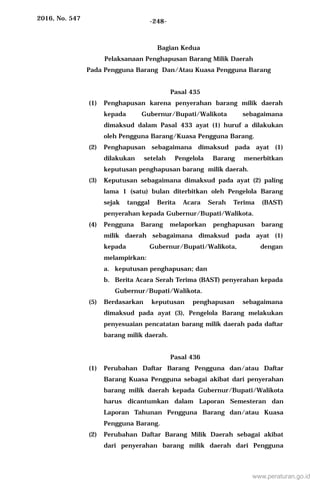 2016, No. 547 -248-
Bagian Kedua
Pelaksanaan Penghapusan Barang Milik Daerah
Pada Pengguna Barang Dan/Atau Kuasa Pengguna Barang
Pasal 435
(1) Penghapusan karena penyerahan barang milik daerah
kepada Gubernur/Bupati/Walikota sebagaimana
dimaksud dalam Pasal 433 ayat (1) huruf a dilakukan
oleh Pengguna Barang/Kuasa Pengguna Barang.
(2) Penghapusan sebagaimana dimaksud pada ayat (1)
dilakukan setelah Pengelola Barang menerbitkan
keputusan penghapusan barang milik daerah.
(3) Keputusan sebagaimana dimaksud pada ayat (2) paling
lama 1 (satu) bulan diterbitkan oleh Pengelola Barang
sejak tanggal Berita Acara Serah Terima (BAST)
penyerahan kepada Gubernur/Bupati/Walikota.
(4) Pengguna Barang melaporkan penghapusan barang
milik daerah sebagaimana dimaksud pada ayat (1)
kepada Gubernur/Bupati/Walikota, dengan
melampirkan:
a. keputusan penghapusan; dan
b. Berita Acara Serah Terima (BAST) penyerahan kepada
Gubernur/Bupati/Walikota.
(5) Berdasarkan keputusan penghapusan sebagaimana
dimaksud pada ayat (3), Pengelola Barang melakukan
penyesuaian pencatatan barang milik daerah pada daftar
barang milik daerah.
Pasal 436
(1) Perubahan Daftar Barang Pengguna dan/atau Daftar
Barang Kuasa Pengguna sebagai akibat dari penyerahan
barang milik daerah kepada Gubernur/Bupati/Walikota
harus dicantumkan dalam Laporan Semesteran dan
Laporan Tahunan Pengguna Barang dan/atau Kuasa
Pengguna Barang.
(2) Perubahan Daftar Barang Milik Daerah sebagai akibat
dari penyerahan barang milik daerah dari Pengguna
www.peraturan.go.id
 