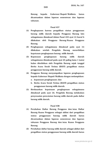 2016, No. 547
249
Barang kepada Gubernur/Bupati/Walikota harus
dicantumkan dalam laporan semesteran dan laporan
tahunan.
Pasal 437
(1) Penghapusan karena pengalihan status penggunaan
barang milik daerah kepada Pengguna Barang lain
sebagaimana dimaksud dalam Pasal 433 ayat (1) huruf b
dilakukan oleh Pengguna Barang/Kuasa Pengguna
Barang.
(2) Penghapusan sebagaimana dimaksud pada ayat (1)
dilakukan setelah Pengelola Barang menerbitkan
keputusan penghapusan barang milik daerah.
(3) Keputusan penghapusan barang milik daerah
sebagaimana dimaksud pada ayat (2) paling lama 1 (satu)
bulan diterbitkan oleh Pengelola Barang sejak tanggal
Berita Acara Serah Terima (BAST) pengalihan status
penggunaan barang milik daerah.
(4) Pengguna Barang menyampaikan laporan penghapusan
kepada Gubernur/Bupati/Walikota dengan melampirkan:
a. keputusan penghapusan; dan
b. Berita Acara Serah Terima (BAST) pengalihan status
penggunaan barang milik daerah.
(5) Berdasarkan keputusan penghapusan sebagaimana
dimaksud pada ayat (3), Pengelola Barang melakukan
penyesuaian pencatatan barang milik daerah pada daftar
barang milik daerah.
Pasal 438
(1) Perubahan Daftar Barang Pengguna dan/atau Daftar
Barang Kuasa Pengguna sebagai akibat dari pengalihan
status penggunaan barang milik daerah harus
dicantumkan dalam laporan semesteran dan laporan
tahunan Pengguna Barang dan/atau Kuasa Pengguna
Barang.
(2) Perubahan daftar barang milik daerah sebagai akibat dari
pengalihan status penggunaan barang milik daerah harus
www.peraturan.go.id
 