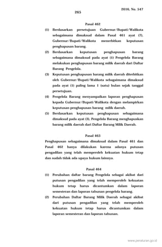 2016, No. 547
265
Pasal 462
(1) Berdasarkan persetujuan Gubernur/Bupati/Walikota
sebagaimana dimaksud dalam Pasal 461 ayat (7),
Gubernur/Bupati/Walikota menerbitkan keputusan
penghapusan barang.
(2) Berdasarkan keputusan penghapusan barang
sebagaimana dimaksud pada ayat (1) Pengelola Barang
melakukan penghapusan barang milik daerah dari Daftar
Barang Pengelola.
(3) Keputusan penghapusan barang milik daerah diterbitkan
oleh Gubernur/Bupati/Walikota sebagaimana dimaksud
pada ayat (1) paling lama 1 (satu) bulan sejak tanggal
persetujuan.
(4) Pengelola Barang menyampaikan laporan penghapusan
kepada Gubernur/Bupati/Walikota dengan melampirkan
keputusan penghapusan barang milik daerah.
(5) Berdasarkan keputusan penghapusan sebagaimana
dimaksud pada ayat (3), Pengelola Barang menghapuskan
barang milik daerah dari Daftar Barang Milik Daerah.
Pasal 463
Penghapusan sebagaimana dimaksud dalam Pasal 461 dan
Pasal 462 hanya dilakukan karena adanya putusan
pengadilan yang telah memperoleh kekuatan hukum tetap
dan sudah tidak ada upaya hukum lainnya.
Pasal 464
(1) Perubahan daftar barang Pengelola sebagai akibat dari
putusan pengadilan yang telah memperoleh kekuatan
hukum tetap harus dicantumkan dalam laporan
semesteran dan laporan tahunan pengelola barang.
(2) Perubahan Daftar Barang Milik Daerah sebagai akibat
dari putusan pengadilan yang telah memperoleh
kekuatan hukum tetap harus dicantumkan dalam
laporan semesteran dan laporan tahunan.
www.peraturan.go.id
 