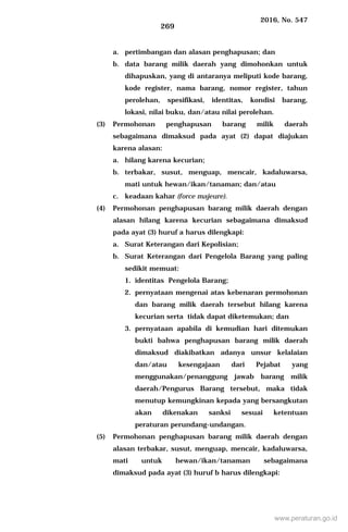 2016, No. 547
269
a. pertimbangan dan alasan penghapusan; dan
b. data barang milik daerah yang dimohonkan untuk
dihapuskan, yang di antaranya meliputi kode barang,
kode register, nama barang, nomor register, tahun
perolehan, spesifikasi, identitas, kondisi barang,
lokasi, nilai buku, dan/atau nilai perolehan.
(3) Permohonan penghapusan barang milik daerah
sebagaimana dimaksud pada ayat (2) dapat diajukan
karena alasan:
a. hilang karena kecurian;
b. terbakar, susut, menguap, mencair, kadaluwarsa,
mati untuk hewan/ikan/tanaman; dan/atau
c. keadaan kahar (force majeure).
(4) Permohonan penghapusan barang milik daerah dengan
alasan hilang karena kecurian sebagaimana dimaksud
pada ayat (3) huruf a harus dilengkapi:
a. Surat Keterangan dari Kepolisian;
b. Surat Keterangan dari Pengelola Barang yang paling
sedikit memuat:
1. identitas Pengelola Barang;
2. pernyataan mengenai atas kebenaran permohonan
dan barang milik daerah tersebut hilang karena
kecurian serta tidak dapat diketemukan; dan
3. pernyataan apabila di kemudian hari ditemukan
bukti bahwa penghapusan barang milik daerah
dimaksud diakibatkan adanya unsur kelalaian
dan/atau kesengajaan dari Pejabat yang
menggunakan/penanggung jawab barang milik
daerah/Pengurus Barang tersebut, maka tidak
menutup kemungkinan kepada yang bersangkutan
akan dikenakan sanksi sesuai ketentuan
peraturan perundang-undangan.
(5) Permohonan penghapusan barang milik daerah dengan
alasan terbakar, susut, menguap, mencair, kadaluwarsa,
mati untuk hewan/ikan/tanaman sebagaimana
dimaksud pada ayat (3) huruf b harus dilengkapi:
www.peraturan.go.id
 