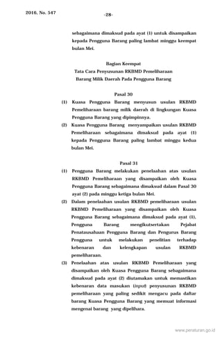 2016, No. 547 -28-
sebagaimana dimaksud pada ayat (1) untuk disampaikan
kepada Pengguna Barang paling lambat minggu keempat
bulan Mei.
Bagian Keempat
Tata Cara Penyusunan RKBMD Pemeliharaan
Barang Milik Daerah Pada Pengguna Barang
Pasal 30
(1) Kuasa Pengguna Barang menyusun usulan RKBMD
Pemeliharaan barang milik daerah di lingkungan Kuasa
Pengguna Barang yang dipimpinnya.
(2) Kuasa Pengguna Barang menyampaikan usulan RKBMD
Pemeliharaan sebagaimana dimaksud pada ayat (1)
kepada Pengguna Barang paling lambat minggu kedua
bulan Mei.
Pasal 31
(1) Pengguna Barang melakukan penelaahan atas usulan
RKBMD Pemeliharaan yang disampaikan oleh Kuasa
Pengguna Barang sebagaimana dimaksud dalam Pasal 30
ayat (2) pada minggu ketiga bulan Mei.
(2) Dalam penelaahan usulan RKBMD pemeliharaan usulan
RKBMD Pemeliharaan yang disampaikan oleh Kuasa
Pengguna Barang sebagaimana dimaksud pada ayat (1),
Pengguna Barang mengikutsertakan Pejabat
Penatausahaan Pengguna Barang dan Pengurus Barang
Pengguna untuk melakukan penelitian terhadap
kebenaran dan kelengkapan usulan RKBMD
pemeliharaan.
(3) Penelaahan atas usulan RKBMD Pemeliharaan yang
disampaikan oleh Kuasa Pengguna Barang sebagaimana
dimaksud pada ayat (2) diutamakan untuk memastikan
kebenaran data masukan (input) penyusunan RKBMD
pemeliharaan yang paling sedikit mengacu pada daftar
barang Kuasa Pengguna Barang yang memuat informasi
mengenai barang yang dipelihara.
www.peraturan.go.id
 