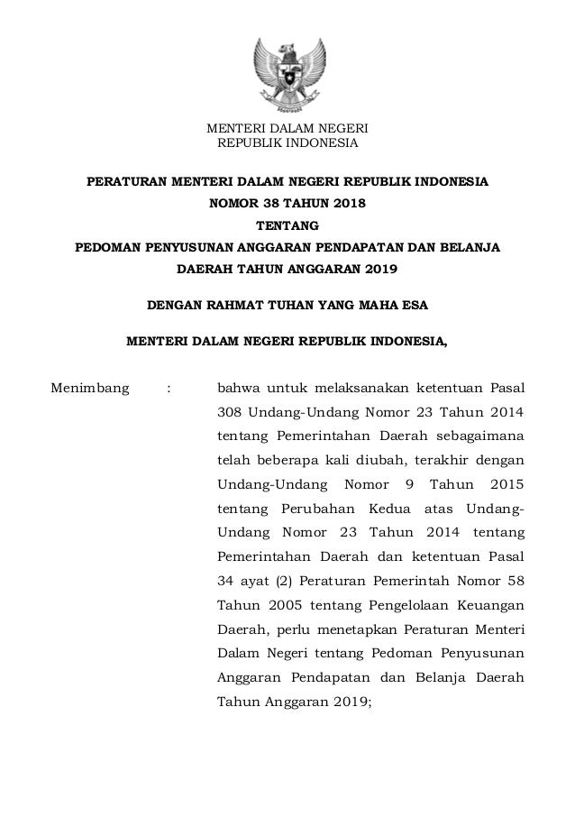 Permendagri nomor 38 tahun 2018 tentang PEDOMAN PENYUSUNAN ANGGARAN P…