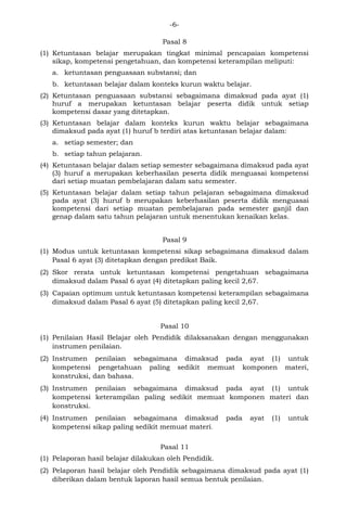 -6- 
Pasal 8 
(1) Ketuntasan belajar merupakan tingkat minimal pencapaian kompetensi sikap, kompetensi pengetahuan, dan kompetensi keterampilan meliputi: 
a. ketuntasan penguasaan substansi; dan 
b. ketuntasan belajar dalam konteks kurun waktu belajar. 
(2) Ketuntasan penguasaan substansi sebagaimana dimaksud pada ayat (1) huruf a merupakan ketuntasan belajar peserta didik untuk setiap kompetensi dasar yang ditetapkan. 
(3) Ketuntasan belajar dalam konteks kurun waktu belajar sebagaimana dimaksud pada ayat (1) huruf b terdiri atas ketuntasan belajar dalam: 
a. setiap semester; dan 
b. setiap tahun pelajaran. 
(4) Ketuntasan belajar dalam setiap semester sebagaimana dimaksud pada ayat (3) huruf a merupakan keberhasilan peserta didik menguasai kompetensi dari setiap muatan pembelajaran dalam satu semester. 
(5) Ketuntasan belajar dalam setiap tahun pelajaran sebagaimana dimaksud pada ayat (3) huruf b merupakan keberhasilan peserta didik menguasai kompetensi dari setiap muatan pembelajaran pada semester ganjil dan genap dalam satu tahun pelajaran untuk menentukan kenaikan kelas. 
Pasal 9 
(1) Modus untuk ketuntasan kompetensi sikap sebagaimana dimaksud dalam Pasal 6 ayat (3) ditetapkan dengan predikat Baik. 
(2) Skor rerata untuk ketuntasan kompetensi pengetahuan sebagaimana dimaksud dalam Pasal 6 ayat (4) ditetapkan paling kecil 2,67. 
(3) Capaian optimum untuk ketuntasan kompetensi keterampilan sebagaimana dimaksud dalam Pasal 6 ayat (5) ditetapkan paling kecil 2,67. 
Pasal 10 
(1) Penilaian Hasil Belajar oleh Pendidik dilaksanakan dengan menggunakan instrumen penilaian. 
(2) Instrumen penilaian sebagaimana dimaksud pada ayat (1) untuk kompetensi pengetahuan paling sedikit memuat komponen materi, konstruksi, dan bahasa. 
(3) Instrumen penilaian sebagaimana dimaksud pada ayat (1) untuk kompetensi keterampilan paling sedikit memuat komponen materi dan konstruksi. 
(4) Instrumen penilaian sebagaimana dimaksud pada ayat (1) untuk kompetensi sikap paling sedikit memuat materi. 
Pasal 11 
(1) Pelaporan hasil belajar dilakukan oleh Pendidik. 
(2) Pelaporan hasil belajar oleh Pendidik sebagaimana dimaksud pada ayat (1) diberikan dalam bentuk laporan hasil semua bentuk penilaian.  