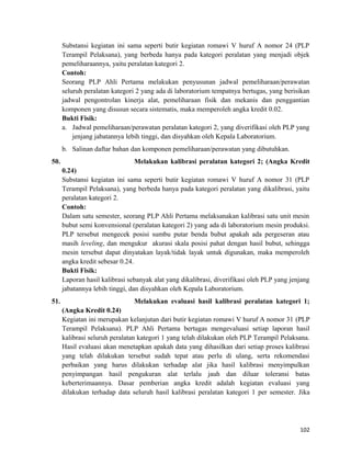 Substansi kegiatan ini sama seperti butir kegiatan romawi V huruf A nomor 24 (PLP
Terampil Pelaksana), yang berbeda hanya pada kategori peralatan yang menjadi objek
pemeliharaannya, yaitu peralatan kategori 2.
Contoh:
Seorang PLP Ahli Pertama melakukan penyusunan jadwal pemeliharaan/perawatan
seluruh peralatan kategori 2 yang ada di laboratorium tempatnya bertugas, yang berisikan
jadwal pengontrolan kinerja alat, pemeliharaan fisik dan mekanis dan penggantian
komponen yang disusun secara sistematis, maka memperoleh angka kredit 0.02.
Bukti Fisik:
a. Jadwal pemeliharaan/perawatan peralatan kategori 2, yang diverifikasi oleh PLP yang
jenjang jabatannya lebih tinggi, dan disyahkan oleh Kepala Laboratorium.
b. Salinan daftar bahan dan komponen pemeliharaan/perawatan yang dibutuhkan.
50. Melakukan kalibrasi peralatan kategori 2; (Angka Kredit
0.24)
Substansi kegiatan ini sama seperti butir kegiatan romawi V huruf A nomor 31 (PLP
Terampil Pelaksana), yang berbeda hanya pada kategori peralatan yang dikalibrasi, yaitu
peralatan kategori 2.
Contoh:
Dalam satu semester, seorang PLP Ahli Pertama melaksanakan kalibrasi satu unit mesin
bubut semi konvensional (peralatan kategori 2) yang ada di laboratorium mesin produksi.
PLP tersebut mengecek posisi sumbu putar benda bubut apakah ada pergeseran atau
masih leveling, dan mengukur akurasi skala posisi pahat dengan hasil bubut, sehingga
mesin tersebut dapat dinyatakan layak/tidak layak untuk digunakan, maka memperoleh
angka kredit sebesar 0.24.
Bukti Fisik:
Laporan hasil kalibrasi sebanyak alat yang dikalibrasi, diverifikasi oleh PLP yang jenjang
jabatannya lebih tinggi, dan disyahkan oleh Kepala Laboratorium.
51. Melakukan evaluasi hasil kalibrasi peralatan kategori 1;
(Angka Kredit 0.24)
Kegiatan ini merupakan kelanjutan dari butir kegiatan romawi V huruf A nomor 31 (PLP
Terampil Pelaksana). PLP Ahli Pertama bertugas mengevaluasi setiap laporan hasil
kalibrasi seluruh peralatan kategori 1 yang telah dilakukan oleh PLP Terampil Pelaksana.
Hasil evaluasi akan menetapkan apakah data yang dihasilkan dari setiap proses kalibrasi
yang telah dilakukan tersebut sudah tepat atau perlu di ulang, serta rekomendasi
perbaikan yang harus dilakukan terhadap alat jika hasil kalibrasi menyimpulkan
penyimpangan hasil pengukuran alat terlalu jauh dan diluar toleransi batas
keberterimaannya. Dasar pemberian angka kredit adalah kegiatan evaluasi yang
dilakukan terhadap data seluruh hasil kalibrasi peralatan kategori 1 per semester. Jika
102
 
