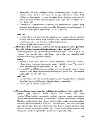 a. Seorang PLP Ahli Muda melakukan validasi pengukuran peralatan kategori 2 pada 1
penelitan dosen selama 6 bulan, selain itu dia juga melaksanakan validasi hasil
kalibrasi peralatan kategori 1 yang digunakan dalam penelitian tugas akhir 10
mahasiswa selama 3 bulan, maka mendapatkan angka kredit = (1 x 1 x 0.16) + (10 x
3/6 x 0.16) = 0.96.
b. Seorang PLP Ahli Muda melakukan validasi hasil pengukuran alat kategori 2 yang
digunakan dalam kegiatan penelitian tugas akhir 10 mahasiswa yang berlangsung 6
bulan, maka mendapatkan angka kredit = (10 x 1 x 0.16) = 1.60
Bukti Fisik:
a. Laporan validasi hasil kalibrasi, hasil pengukuran, dan pengecekan kinerja alat yang
diperiksa oleh ketua peneliti untuk penelitian dosen, atau dosen pembimbing untuk
penelitian mahasiswa, dan disyahkan oleh Kepala Laboratorium
b. Salinan log book peralatan yang divalidasi.
34. Memvalidasi hasil pengukuran, kalibrasi, dan hasil pengecekan kinerja peralatan
kategori 2 pada kegiatan pengabdian kepada masyarakat; (Angka Kredit 0.28)
Substansi kegiatan ini sama seperti butir kegiatan romawi V huruf D nomor 31 (PLP Ahli
Pertama), yang berbeda hanya pada kategori objek alat yang divalidasi hasil
pengukuran/kalibrasinya, yaitu alat kategori 2.
Contoh:
a. Seorang PLP Ahli Muda melakukan validasi pengukuran, validasi hasil kalibrasi,
validasi kinerja peralatan semua peralatan kategori 2 pada 2 kegiatan PPM selama 6
bulan, maka mendapatkan angka kredit = 2 x 3 x 0.28 = 1.68.
b. Seorang PLP Ahli Muda melakukan validasi hasil pengukuran alat kategori 2 yang
digunakan dalam 3 kegiatan PPM masing-masing selama 3 bulan, maka mendapatkan
angka kredit = 3 x 3/6 x 0.18 = 0.27.
Bukti Fisik:
a. Laporan validasi hasil kalibrasi, hasil pengukuran, dan pengecekan kinerja alat yang
diverifikasi ketua tim PPM dan disyahkan oleh Kepala Laboratorium
b. Salinan log book peralatan yang divalidasi.
35. Menganalisis dan mengevaluasi data pada kegiatan penelitian; (Angka Kredit 0.50)
Kegiatan yang dimaksud adalah analisis dan evaluasi data hasil
pengujian/kalibrasi/produksi menggunakan paralatan, bahan, dan metode tertentu dalam
kegiatan penelitian dosen dan tugas akhir mahasiswa, dalam hal kecenderungan data yang
dihasilkan, membandingkan data dengan hipotesis dalam rangka memastikan apakah
data sudah benar atau diperlukan tindakanan konfirmasi ulang. Dasar pemberian angka
kredit adalah analisis dan evaluasi keseluruhan data dalam 1 kegiatan penelitian yang
dilakukan minimal satu semester (6 bulan). Jika kegiatan tersebut dilakukan kurang dari
6 bulan, maka mendapat angka kredit = (jumlah bulan kegiatan/6) x 0.50.
124
 