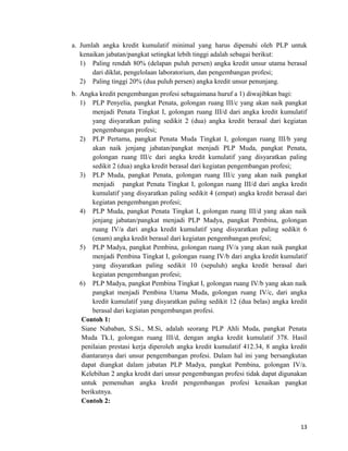 a. Jumlah angka kredit kumulatif minimal yang harus dipenuhi oleh PLP untuk
kenaikan jabatan/pangkat setingkat lebih tinggi adalah sebagai berikut:
1) Paling rendah 80% (delapan puluh persen) angka kredit unsur utama berasal
dari diklat, pengelolaan laboratorium, dan pengembangan profesi;
2) Paling tinggi 20% (dua puluh persen) angka kredit unsur penunjang.
b. Angka kredit pengembangan profesi sebagaimana huruf a 1) diwajibkan bagi:
1) PLP Penyelia, pangkat Penata, golongan ruang III/c yang akan naik pangkat
menjadi Penata Tingkat I, golongan ruang III/d dari angka kredit kumulatif
yang disyaratkan paling sedikit 2 (dua) angka kredit berasal dari kegiatan
pengembangan profesi;
2) PLP Pertama, pangkat Penata Muda Tingkat I, golongan ruang III/b yang
akan naik jenjang jabatan/pangkat menjadi PLP Muda, pangkat Penata,
golongan ruang III/c dari angka kredit kumulatif yang disyaratkan paling
sedikit 2 (dua) angka kredit berasal dari kegiatan pengembangan profesi;
3) PLP Muda, pangkat Penata, golongan ruang III/c yang akan naik pangkat
menjadi pangkat Penata Tingkat I, golongan ruang III/d dari angka kredit
kumulatif yang disyaratkan paling sedikit 4 (empat) angka kredit berasal dari
kegiatan pengembangan profesi;
4) PLP Muda, pangkat Penata Tingkat I, golongan ruang III/d yang akan naik
jenjang jabatan/pangkat menjadi PLP Madya, pangkat Pembina, golongan
ruang IV/a dari angka kredit kumulatif yang disyaratkan paling sedikit 6
(enam) angka kredit berasal dari kegiatan pengembangan profesi;
5) PLP Madya, pangkat Pembina, golongan ruang IV/a yang akan naik pangkat
menjadi Pembina Tingkat I, golongan ruang IV/b dari angka kredit kumulatif
yang disyaratkan paling sedikit 10 (sepuluh) angka kredit berasal dari
kegiatan pengembangan profesi;
6) PLP Madya, pangkat Pembina Tingkat I, golongan ruang IV/b yang akan naik
pangkat menjadi Pembina Utama Muda, golongan ruang IV/c, dari angka
kredit kumulatif yang disyaratkan paling sedikit 12 (dua belas) angka kredit
berasal dari kegiatan pengembangan profesi.
Contoh 1:
Siane Nababan, S.Si., M.Si, adalah seorang PLP Ahli Muda, pangkat Penata
Muda Tk.I, golongan ruang III/d, dengan angka kredit kumulatif 378. Hasil
penilaian prestasi kerja diperoleh angka kredit kumulatif 412.34, 8 angka kredit
diantaranya dari unsur pengembangan profesi. Dalam hal ini yang bersangkutan
dapat diangkat dalam jabatan PLP Madya, pangkat Pembina, golongan IV/a.
Kelebihan 2 angka kredit dari unsur pengembangan profesi tidak dapat digunakan
untuk pemenuhan angka kredit pengembangan profesi kenaikan pangkat
berikutnya.
Contoh 2:
13
 