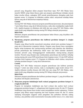 personil yang ditugaskan dalam program benar-benar tepat. PLP Ahli Madya harus
meneliti MSDS setiap bahan khusus pada saat program pemeliharaan terhadap seluruh
bahan tersebut dibuat, sedangkan SOP metode pemeliharaannya ditetapkan pada butir
kegiatan nomor 14. Kegiatan ini dilakukan setahun sekali, menyeluruh terhadap bahan
khusus yang ada di laboratorium tempatnya bekerja.
Contoh:
Seorang PLP Ahli Madya menyusun program pemeliharaan/perawatan, dan penyimpanan
7 jenis bahan khusus yang ada di laboratoriumnya, maka akan mendapatkan angka kredit
0.44. Apabila kegiatan ini dilakukan oleh lebih dari satu orang PLP Ahli Madya, maka
angka kredit yang didapatkan masing-masing PLP dibagi sebanyak penyusunnya.
Bukti Fisik:
Dokumen program pemeliharaan dan penyimpanan bahan khusus yang disyahkan oleh
Kepala Laboratorium.
6. Merancang program pemeriksaan dan kalibrasi peralatan kategori 3; (Angka
Kredit 0.51)
Program yang dibuat bersifat menyeluruh mencakup seluruh jenis peralatan kategori 3
yang ada di laboratorium tempatnya bekerja. Program yang disusun harus menetapkan
bagian setiap komponen dari masing-masing peralatan yang diperiksa dan dikalibrasi,
periode pemeriksaan dan kalibrasinya dalam masa satu tahun kalender akademik,
termasuk personil yang bertanggungjawab melaksanakan masing-masing program
tersebut. Personil yang ditunjuk akan melaksanakan pemeriksaan dan kalibrasi terhadap
masing-masing alat sesuai SOP pemeriksaan (butir kegiatan nomor 15) dan SOP kalibrasi
peralatan (butir kegiatan nomor 17). Kegiatan ini dilakukan sekali setahun, menyeluruh
terhadap peralatan kategori 3 yang ada di laboratorium.
Contoh:
Seorang PLP Ahli Madya menyusun program pemeriksaan dan kalibrasi peralatan
kategori 3 untuk satu tahun tertentu, maka ia mendapatkan angka kredit sebesar 0.51.
Apabila dokumen tersebut disusun oleh lebih dari satu orang PLP Ahli Madya, maka
angka kredit yang didapatkan masing-masing PLP dibagi sebanyak penyusunnya.
Bukti Fisik:
Dokumen program pemeliharaan dan kalibrasi peralatan kategori 3, yang diverifikasi dan
disyahkan oleh Kepala Laboratorium.
7. Menyusun program tindaklanjut hasil evaluasi penggunaan peralatan kategori 3;
(Angka Kredit 0.45)
Program ini merupakan tindaklanjut atas hasil evaluasi dan analisis hasil evaluasi
penggunaan peralatan kategori 3, sebagaimana butir kegiatan nomor 46, dan 55. Program
tindaklanjut yang disusun harus terukur untuk memudahkan menilai capaiannya. Volume
program yang dibuat sangat tergantung dari hasil kegiatan nomor 46, dan 55, namun
sepanjang menyangkut anggaran untuk pengadaan atau perbaikan alat/suku cadang
misalnya, atau pelatihan untuk meminimalisir kerusakan akibat human error, maka harus
139
 