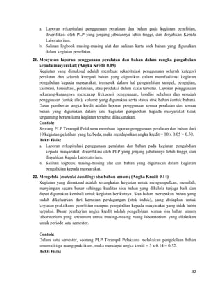 a. Laporan rekapitulasi penggunaan peralatan dan bahan pada kegiatan penelitian,
diverifikasi oleh PLP yang jenjang jabatannya lebih tinggi, dan disyahkan Kepala
Laboratorium.
b. Salinan logbook masing-masing alat dan salinan kartu stok bahan yang digunakan
dalam kegiatan penelitian.
21. Menyusun laporan penggunaan peralatan dan bahan dalam rangka pengabdian
kepada masyarakat; (Angka Kredit 0.05)
Kegiatan yang dimaksud adalah membuat rekapitulasi penggunaan seluruh kategori
peralatan dan seluruh kategori bahan yang digunakan dalam memfasilitasi kegiatan
pengabdian kepada masyarakat, termasuk dalam hal pengambilan sampel, pengujian,
kalibrasi, konsultasi, pelatihan, atau produksi dalam skala terbatas. Laporan penggunaan
sekurang-kurangnya mencakup frekuensi penggunaan, kondisi sebelum dan sesudah
penggunaan (untuk alat), volume yang digunakan serta status stok bahan (untuk bahan).
Dasar pemberian angka kredit adalah laporan penggunaan semua peralatan dan semua
bahan yang digunakan dalam satu kegiatan pengabdian kepada masyarakat tidak
tergantung berapa lama kegiatan tersebut dilaksanakan.
Contoh:
Seorang PLP Terampil Pelaksana membuat laporan penggunaan peralatan dan bahan dari
10 kegiatan pelatihan yang berbeda, maka mendapatkan angka kredit = 10 x 0.05 = 0.50.
Bukti Fisik:
a. Laporan rekapitulasi penggunaan peralatan dan bahan pada kegiatan pengabdian
kepada masyarakat, diverifikasi oleh PLP yang jenjang jabatannya lebih tinggi, dan
disyahkan Kepala Laboratorium.
b. Salinan logbook masing-masing alat dan bahan yang digunakan dalam kegiatan
pengabdian kepada masyarakat.
22. Mengelola (material handling) sisa bahan umum; (Angka Kredit 0.14)
Kegiatan yang dimaksud adalah serangkaian kegiatan untuk mengumpulkan, memilah,
menyimpan secara benar sehingga kualitas sisa bahan yang dikelola terjaga baik dan
dapat digunakan kembali untuk kegiatan berikutnya. Sisa bahan merupakan bahan yang
sudah dikeluarkan dari kemasan perdagangan (stok induk), yang disiapkan untuk
kegiatan praktikum, penelitian maupun pengabdian kepada masyarakat yang tidak habis
terpakai. Dasar pemberian angka kredit adalah pengelolaan semua sisa bahan umum
laboratorium yang tercantum untuk masing-masing ruang laboratorium yang dilakukan
untuk periode satu semester.
Contoh:
Dalam satu semester, seorang PLP Terampil Pelaksana melakukan pengelolaan bahan
umum di tiga ruang praktikum, maka mendapat angka kredit = 3 x 0.14 = 0.52.
Bukti Fisik:
32
 