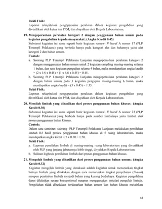 Bukti Fisik:
Laporan rekapitulasi pengoperasian peralatan dalam kegiatan pengabdian yang
diverifikasi oleh ketua tim PPM, dan disyahkan oleh Kepala Laboratorium.
19. Mengoperasikan peralatan kategori 2 dengan penggunaan bahan umum pada
kegiatan pengabdian kepada masyarakat; (Angka Kredit 0.45)
Substansi kegiatan ini sama seperti butir kegiatan romawi V huruf A nomor 17 (PLP
Terampil Pelaksana) yang berbeda hanya pada kategori alat dan bahannya yaitu alat
ketegori 2 dan bahan umum.
Contoh:
a. Seorang PLP Terampil Pelaksana Lanjutan mengoperasikan peralatan kategori 2
dengan menggunakan bahan umum untuk 2 kegiatan sampling masing-masing selama
1 bulan, dan satu kegiatan pengujian selama 4 bulan, maka mendapatkan angka kredit
= (2 x 1/6 x 0.45) + (1 x 4/6 x 0.45) = 0.45.
b. Seorang PLP Terampil Pelaksana Lanjutan mengoperasikan peralatan kategori 2
dengan bahan umum pada 3 kegiatan pengujian masing-masing 6 bulan, maka
mendapatkan angka kredit = (3 x 0.45) = 1.35.
Bukti Fisik:
Laporan rekapitulasi pengoperasian peralatan dalam kegiatan pengabdian yang
diverifikasi oleh ketua tim PPM, dan disyahkan oleh Kepala Laboratorium.
20. Memilah limbah yang dihasilkan dari proses penggunaan bahan khusus; (Angka
Kredit 0.30)
Substansi kegiatan ini sama seperti butir kegiatan romawi V huruf A nomor 23 (PLP
Terampil Pelaksana) yang berbeda hanya pada sumber limbahnya yaitu limbah dari
proses penggunaan bahan khusus.
Contoh:
Dalam satu semester, seorang PLP Terampil Pelaksana Lanjutan melakukan pemilahan
limbah B3 hasil proses penggunaan bahan khusus di 5 ruang laboratorium, maka
mendapatkan angka kredit = 5 x 0.30 = 1.50.
Bukti Fisik:
a. Laporan pemilahan limbah di masing-masing ruang laboratorium yang diverifikasi
oleh PLP yang jenjang jabatannya lebih tinggi, disyahkan Kepala Laboratorium.
b. Salinan logbook pemilahan limbah dari proses penggunaan bahan khusus.
21. Mengolah limbah yang dihasilkan dari proses penggunaan bahan umum; (Angka
Kredit 0.32)
Kegiatan mengolah limbah yang dimaksud adalah kegiatan untuk menurunkan tingkat
bahaya limbah yang dilakukan dengan cara menurunkan tingkat penyebaran (fiksasi)
maupun perubahan limbah menjadi bahan yang kurang berbahaya. Kegiatan pengolahan
dapat dilakukan secara konvensional maupun menggunakan instalasi pengolah limbah.
Pengolahan tidak dibedakan berdasarkan bahan umum dan bahan khusus melainkan
48
 