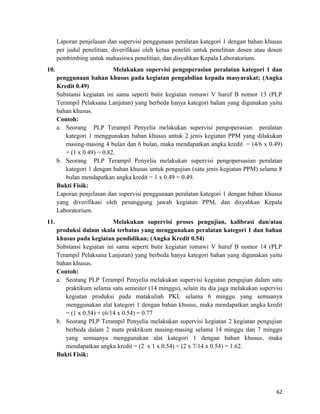 Laporan penjelasan dan supervisi penggunaan peralatan kategori 1 dengan bahan khusus
per judul penelitian, diverifikasi oleh ketua peneliti untuk penelitian dosen atau dosen
pembimbing untuk mahasiswa penelitian, dan disyahkan Kepala Laboratorium.
10. Melakukan supervisi pengoperasian peralatan kategori 1 dan
penggunaan bahan khusus pada kegiatan pengabdian kepada masyarakat; (Angka
Kredit 0.49)
Substansi kegiatan ini sama seperti butir kegiatan romawi V huruf B nomor 13 (PLP
Terampil Pelaksana Lanjutan) yang berbeda hanya kategori bahan yang digunakan yaitu
bahan khusus.
Contoh:
a. Seorang PLP Terampil Penyelia melakukan supervisi pengoperasian peralatan
kategori 1 menggunakan bahan khusus untuk 2 jenis kegiatan PPM yang dilakukan
masing-masing 4 bulan dan 6 bulan, maka mendapatkan angka kredit = (4/6 x 0.49)
+ (1 x 0.49) = 0.82.
b. Seorang PLP Terampil Penyelia melakukan supervisi pengopersasian peralatan
kategori 1 dengan bahan khusus untuk pengujian (satu jenis kegiatan PPM) selama 8
bulan mendapatkan angka kredit = 1 x 0.49 = 0.49.
Bukti Fisik:
Laporan penjelasan dan supervisi penggunaan peralatan kategori 1 dengan bahan khusus
yang diverifikasi oleh penanggung jawab kegiatan PPM, dan disyahkan Kepala
Laboratorium.
11. Melakukan supervisi proses pengujian, kalibrasi dan/atau
produksi dalam skala terbatas yang menggunakan peralatan kategori 1 dan bahan
khusus pada kegiatan pendidikan; (Angka Kredit 0.54)
Substansi kegiatan ini sama seperti butir kegiatan romawi V huruf B nomor 14 (PLP
Terampil Pelaksana Lanjutan) yang berbeda hanya kategori bahan yang digunakan yaitu
bahan khusus.
Contoh:
a. Seorang PLP Terampil Penyelia melakukan supervisi kegiatan pengujian dalam satu
praktikum selama satu semester (14 minggu), selain itu dia juga melakukan supervisi
kegiatan produksi pada matakuliah PKL selama 6 minggu yang semuanya
menggunakan alat kategori 1 dengan bahan khusus, maka mendapatkan angka kredit
= (1 x 0.54) + (6/14 x 0.54) = 0.77
b. Seorang PLP Terampil Penyelia melakukan supervisi kegiatan 2 kegiatan pengujian
berbeda dalam 2 mata praktikum masing-masing selama 14 minggu dan 7 minggu
yang semuanya menggunakan alat kategori 1 dengan bahan khusus, maka
mendapatkan angka kredit = (2 x 1 x 0.54) + (2 x 7/14 x 0.54) = 1.62.
Bukti Fisik:
62
 