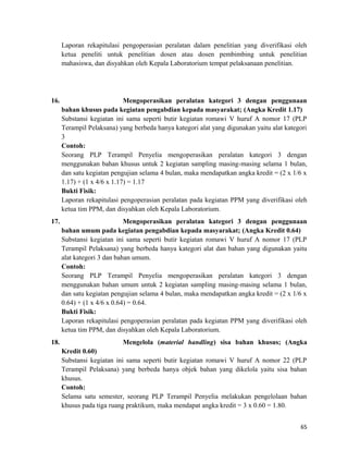 Laporan rekapitulasi pengoperasian peralatan dalam penelitian yang diverifikasi oleh
ketua peneliti untuk penelitian dosen atau dosen pembimbing untuk penelitian
mahasiswa, dan disyahkan oleh Kepala Laboratorium tempat pelaksanaan penelitian.
16. Mengoperasikan peralatan kategori 3 dengan penggunaan
bahan khusus pada kegiatan pengabdian kepada masyarakat; (Angka Kredit 1.17)
Substansi kegiatan ini sama seperti butir kegiatan romawi V huruf A nomor 17 (PLP
Terampil Pelaksana) yang berbeda hanya kategori alat yang digunakan yaitu alat kategori
3
Contoh:
Seorang PLP Terampil Penyelia mengoperasikan peralatan kategori 3 dengan
menggunakan bahan khusus untuk 2 kegiatan sampling masing-masing selama 1 bulan,
dan satu kegiatan pengujian selama 4 bulan, maka mendapatkan angka kredit = (2 x 1/6 x
1.17) + (1 x 4/6 x 1.17) = 1.17
Bukti Fisik:
Laporan rekapitulasi pengoperasian peralatan pada kegiatan PPM yang diverifikasi oleh
ketua tim PPM, dan disyahkan oleh Kepala Laboratorium.
17. Mengoperasikan peralatan kategori 3 dengan penggunaan
bahan umum pada kegiatan pengabdian kepada masyarakat; (Angka Kredit 0.64)
Substansi kegiatan ini sama seperti butir kegiatan romawi V huruf A nomor 17 (PLP
Terampil Pelaksana) yang berbeda hanya kategori alat dan bahan yang digunakan yaitu
alat kategori 3 dan bahan umum.
Contoh:
Seorang PLP Terampil Penyelia mengoperasikan peralatan kategori 3 dengan
menggunakan bahan umum untuk 2 kegiatan sampling masing-masing selama 1 bulan,
dan satu kegiatan pengujian selama 4 bulan, maka mendapatkan angka kredit = (2 x 1/6 x
0.64) + (1 x 4/6 x 0.64) = 0.64.
Bukti Fisik:
Laporan rekapitulasi pengoperasian peralatan pada kegiatan PPM yang diverifikasi oleh
ketua tim PPM, dan disyahkan oleh Kepala Laboratorium.
18. Mengelola (material handling) sisa bahan khusus; (Angka
Kredit 0.60)
Substansi kegiatan ini sama seperti butir kegiatan romawi V huruf A nomor 22 (PLP
Terampil Pelaksana) yang berbeda hanya objek bahan yang dikelola yaitu sisa bahan
khusus.
Contoh:
Selama satu semester, seorang PLP Terampil Penyelia melakukan pengelolaan bahan
khusus pada tiga ruang praktikum, maka mendapat angka kredit = 3 x 0.60 = 1.80.
65
 