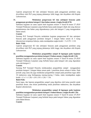 Laporan pengawasan K3 dan antisipasi bencana pada penggunaan peralatan yang
diverifikasi oleh PLP yang jenjang jabatannya lebih tinggi, dan disyahkan oleh Kepala
Laboratorium.
31. Melakukan pengawasan K3 dan antisipasi bencana pada
penggunaan peralatan kategori 2 dan bahan umum; (Angka Kredit 0.70)
Substansi kegiatan ini sama seperti butir kegiatan romawi V huruf B nomor 27 (PLP
Terampil Pelaksana Lanjutan) yang berbeda hanya pada kategori objek alat yang diawasi
pemakaiannya dan bahan yang digunakannya yaitu alat kategori 2 yang menggunakan
bahan umum.
Contoh:
Seorang PLP Terampil Penyelia melakukan kegiatan pengawasan K3 dan antisipasi
bencana pada penggunaan peralatan kategori 2 dengan bahan umum di 3 ruang
laboratorium tempatnya bekerja, maka mendapatkan angka kredit = 3 x 0.70 = 2.10.
Bukti Fisik:
Laporan pengawasan K3 dan antisipasi bencana pada penggunaan peralatan yang
diverifikasi oleh PLP yang jenjang jabatannya lebih tinggi, dan disyahkan oleh Kepala
Laboratorium.
32. Melakukan pengambilan sampel di lapangan pada kegiatan
penelitian menggunakan peralatan kategori 2 bahan umum; (Angka Kredit 1.26)
Substansi kegiatan ini sama seperti butir kegiatan romawi V huruf B nomor 29 (PLP
Terampil Pelaksana Lanjutan) yang berbeda hanya pada kategori alat yang digunakan
yaitu alat kategori 2.
Contoh:
Seorang PLP Terampil Penyelia melaksanakan pengambilan sampel menggunakan
peralatan kategori 2 dengan bahan umum pada 1 penelitian dosen selama 6 bulan. Pada
periode yang sama dia juga melakukan pengambilan sampel pada penelitian tugas akhir
10 mahasiswa yang berlangsung masing-masing 3 bulan, maka mendapatkan angka
kredit = (1 x 1 x 1.26) + (10 x 3/6 x 1.26) = 7.56.
Bukti Fisik:
Surat tugas, dan laporan pengambilan sampel yang diperiksa oleh ketua peneliti untuk
penelitian dosen, atau dosen pembimbing untuk penelitian mahasiswa, dan disyahkan
Kepala Laboratorium.
33. Melakukan pengambilan sampel di lapangan pada kegiatan
penelitian menggunakan peralatan kategori 1 bahan khusus; (Angka Kredit 1.26)
Substansi kegiatan ini sama seperti butir kegiatan romawi V huruf B nomor 29 (PLP
Terampil Pelaksana Lanjutan) yang berbeda hanya pada kategori bahan yang digunakan
yaitu bahan khusus.
Contoh:
72
 