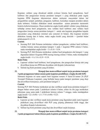 Kegiatan validasi yang dimaksud adalah evaluasi kinerja hasil pengukuran, hasil
kalibrasi dan pengecekan kinerja peralatan kategori 1 yang dilakukan pada segala
kegiatan PPM (kegiatan laboratorium dalam melayani masyarakat dalam hal
pengambilan sampel, pelatihan, pengujian, kalibrasi, konsultasi maupun produksi dalam
skala terbatas). Validasi dilakukan untuk memastikan semua parameter memenuhi
kreteria keberterimaannya. Dasar pemberian angka kredit adalah validasi yang dilakukan
terhadap semua hasil pengukuran, atau validasi hasil kalibrasi atau validasi hasil
pengecekan kinerja semua peralatan kategori 1 untuk satu kegiatan pengabdian kepada
masyarakat yang dilakukan minimal satu semester (6 bulan). Jika kegiatan tersebut
dilakukan kurang dari 6 bulan, maka angka kredit yang dieroleh = (jumlah bulan
pelaksanaan/6) x 0.18.
Contoh:
a. Seorang PLP Ahli Pertama melakukan validasi pengukuran, validasi hasil kalibrasi,
validasi kinerja semua peralatan kategori 1 pada 1 kegiatan PPM selama 6 bulan,
maka mendapatkan angka kredit = 3 x 0.18 = 0.54.
b. Seorang PLP Ahli Pertama melakukan validasi hasil pengukuran alat kategori 1 yang
digunakan dalam 6 kegiatan PPM masing-masing selama 1 bulan, maka mendapatkan
angka kredit = 6 x 1/6 x 0.18 = 0.18.
Bukti Fisik:
a. Laporan validasi hasil kalibrasi, hasil pengukuran, dan pengecekan kinerja alat yang
diverifikasi ketua tim PPM dan disyahkan oleh Kepala Laboratorium
b. Salinan log book peralatan yang divalidasi.
32. Menguji dan memverifikasi unjuk kerja peralatan kategori
3 pada penggunaan bahan umum pada kegiatan pendidikan; (Angka Kredit 0.09)
Substansi kegiatan ini sama seperti butir kegiatan romawi V huruf B nomor 24 (PLP
Terampil Pelaksana Lanjutan), yang berbeda hanya pada kategori peralatan yang diuji
dan diverifikasi kinerjanya, yaitu peralatan kategori 3.
Contoh:
Seorang PLP Ahli Pertama melakukan uji dan verifikasi unjuk kerja peralatan kategori 3
dengan bahan umum pada 2 praktikum selama 6 bulan, selain itu dia juga melakukan
pekerjaan yang sama pada 1 praktikum lainnya selama 7 minggu, maka mendapatkan
angka kredit = (2 x 0.09) + (1 x 7/14 x 0.09) = 0.23.
Bukti Fisik:
a. Laporan uji dan verifikasi unjuk kerja peralatan yang digunakan pada suatu kegiatan
praktikum yang diverifikasi oleh PLP yang jenjang jabatannya lebih tinggi, dan
disyahkan Kepala Laboratorium.
b. Salinan log book peralatan yang diuji dan diverifikasi unjuk kerjanya.
33. Menguji dan memverifikasi unjuk kerja peralatan kategori
2 pada penggunaan bahan khusus pada kegiatan pendidikan; (Angka Kredit 0.27)
94
 