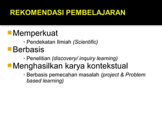 Memperkuat
▪ Pendekatan Ilmiah (Scientific)
Berbasis
▪ Penelitian (discovery/ inquiry learning)
Menghasilkan karya kontekstual
▪ Berbasis pemecahan masalah (project & Problem
based learning)
 