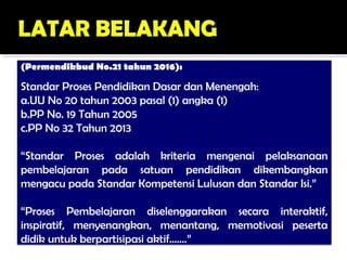 (Permendikbud No.21 tahun 2016):
Standar Proses Pendidikan Dasar dan Menengah:
a.UU No 20 tahun 2003 pasal (1) angka (1)
b.PP No. 19 Tahun 2005
c.PP No 32 Tahun 2013
“Standar Proses adalah kriteria mengenai pelaksanaan
pembelajaran pada satuan pendidikan dikembangkan
mengacu pada Standar Kompetensi Lulusan dan Standar Isi.”
“Proses Pembelajaran diselenggarakan secara interaktif,
inspiratif, menyenangkan, menantang, memotivasi peserta
didik untuk berpartisipasi aktif…….”
 