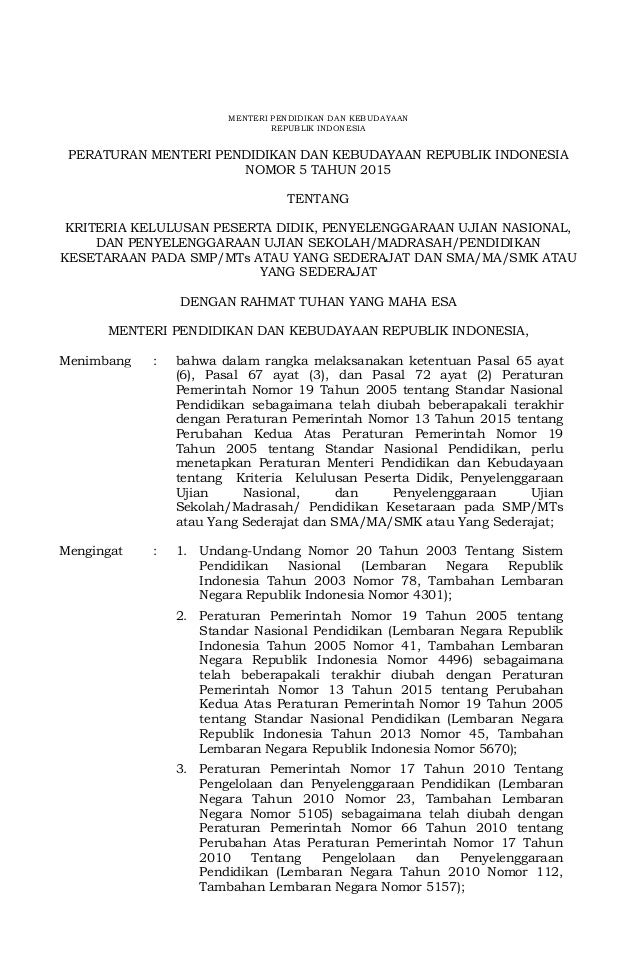 Permendikbud No 5 Tahun 2015 Ttg Kriteria Kelulusan Peserta Didik