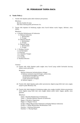 -24-
III. PEMAKAIAN TANDA BACA
A. Tanda Titik (.)
1. Tanda titik dipakai pada akhir kalimat pernyataan.
Misalnya:
Mereka duduk di sana.
Dia akan datang pada pertemuan itu.
2. Tanda titik dipakai di belakang angka atau huruf dalam suatu bagan, ikhtisar, atau
daftar.
Misalnya:
a. I. Kondisi Kebahasaan di Indonesia
A. Bahasa Indonesia
1. Kedudukan
2. Fungsi
B. Bahasa Daerah
1. Kedudukan
2. Fungsi
C. Bahasa Asing
1. Kedudukan
2. Fungsi
b. 1. Patokan Umum
1.1 Isi Karangan
1.2 Ilustrasi
1.2.1 Gambar Tangan
1.2.2 Tabel
1.2.3 Grafik
2. Patokan Khusus
…
...
Catatan:
(1) Tanda titik tidak dipakai pada angka atau huruf yang sudah bertanda kurung
dalam suatu perincian.
Misalnya:
Bahasa Indonesia berkedudukan sebagai
1) bahasa nasional yang berfungsi, antara lain,
a) lambang kebanggaan nasional,
b) identitas nasional, dan
c) alat pemersatu bangsa;
2) bahasa negara ….
(2) Tanda titik tidak dipakai pada akhir penomoran digital yang lebih dari satu angka
(seperti pada Misalnya 2b).
(3) Tanda titik tidak dipakai di belakang angka atau angka terakhir dalam penomoran
deret digital yang lebih dari satu angka dalam judul tabel, bagan, grafik, atau
gambar.
Misalnya:
Tabel 1 Kondisi Kebahasaan di Indonesia
Tabel 1.1 Kondisi Bahasa Daerah di Indonesia
Bagan 2 Struktur Organisasi
Bagan 2.1 Bagian Umum
Grafik 4 Sikap Masyarakat Perkotaan terhadap Bahasa Indonesia
Grafik 4.1 Sikap Masyarakat Berdasarkan Usia
Gambar 1 Gedung Cakrawala
Gambar 1.1 Ruang Rapat
 