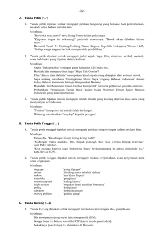 -32-
J. Tanda Petik ("…")
1. Tanda petik dipakai untuk mengapit petikan langsung yang berasal dari pembicaraan,
naskah, atau bahan tertulis lain.
Misalnya:
"Merdeka atau mati!" seru Bung Tomo dalam pidatonya.
"Kerjakan tugas ini sekarang!" perintah atasannya. "Besok akan dibahas dalam
rapat."
Menurut Pasal 31 Undang-Undang Dasar Negara Republik Indonesia Tahun 1945,
"Setiap warga negara berhak memperoleh pendidikan."
2. Tanda petik dipakai untuk mengapit judul sajak, lagu, film, sinetron, artikel, naskah,
atau bab buku yang dipakai dalam kalimat.
Misalnya:
Sajak "Pahlawanku" terdapat pada halaman 125 buku itu.
Marilah kita menyanyikan lagu "Maju Tak Gentar"!
Film ―Ainun dan Habibie‖ merupakan kisah nyata yang diangkat dari sebuah novel.
Saya sedang membaca "Peningkatan Mutu Daya Ungkap Bahasa Indonesia" dalam
buku Bahasa Indonesia Menuju Masyarakat Madani.
Makalah "Pembentukan Insan Cerdas Kompetitif" menarik perhatian peserta seminar.
Perhatikan "Pemakaian Tanda Baca" dalam buku Pedoman Umum Ejaan Bahasa
Indonesia yang Disempurnakan.
3. Tanda petik dipakai untuk mengapit istilah ilmiah yang kurang dikenal atau kata yang
mempunyai arti khusus.
Misalnya:
"Tetikus" komputer ini sudah tidak berfungsi.
Dilarang memberikan "amplop" kepada petugas!
K. Tanda Petik Tunggal ('…')
1. Tanda petik tunggal dipakai untuk mengapit petikan yang terdapat dalam petikan lain.
Misalnya:
Tanya dia, "Kaudengar bunyi 'kring-kring' tadi?"
"Kudengar teriak anakku, 'Ibu, Bapak pulang!', dan rasa letihku lenyap seketika,"
ujar Pak Hamdan.
―Kita bangga karena lagu ‗Indonesia Raya‘ berkumandang di arena olimpiade itu,‖
kata Ketua KONI.
2. Tanda petik tunggal dipakai untuk mengapit makna, terjemahan, atau penjelasan kata
atau ungkapan.
Misalnya:
tergugat 'yang digugat'
retina 'dinding mata sebelah dalam'
noken 'tas khas Papua'
tadulako 'panglima'
marsiadap ari 'saling bantu'
tuah sakato 'sepakat demi manfaat bersama'
policy 'kebijakan'
wisdom 'kebijaksanaan'
money politics 'politik uang'
L. Tanda Kurung ((…))
1. Tanda kurung dipakai untuk mengapit tambahan keterangan atau penjelasan.
Misalnya:
Dia memperpanjang surat izin mengemudi (SIM).
Warga baru itu belum memiliki KTP (kartu tanda penduduk).
Lokakarya (workshop) itu diadakan di Manado.
 