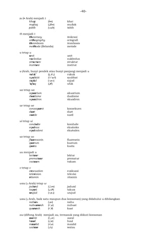 -40-
ṭa (‫ﻁ‬ Arab) menjadi t
khaṭṭ (ّ‫)ﺧﻂ‬ khat
muṭlaq (‫)ﻤﻁﻠﻕ‬ mutlak
ṭabīb (‫)ﻁﺒﻴب‬ tabib
th menjadi t
theocracy teokrasi
orthography ortografi
thrombosis trombosis
methode (Belanda) metode
u tetap u
unit unit
nucleolus nukleolus
structure struktur
institute institut
u (Arab, bunyi pendek atau bunyi panjang) menjadi u
rukū’ (‫)ﺮﻛﻭﻉ‬ rukuk
syubḥāt (‫ﺖ‬ ‫)ﺸﺒﻬا‬ syubhat
sujūd (‫)ﺴﺟﻭﺩ‬ sujud
’ufuq ( ‫ﺃ‬‫ﻓﻕ‬ ) ufuk
ua tetap ua
aquarium akuarium
dualisme dualisme
squadron skuadron
ue tetap ue
consequent konsekuen
duet duet
suede sued
ui tetap ui
conduite konduite
equinox ekuinoks
equivalent ekuivalen
uo tetap uo
fluorescein fluoresein
quorum kuorum
quota kuota
uu menjadi u
lectuur lektur
prematuur prematur
vacuum vakum
v tetap v
evacuation evakuasi
television televisi
vitamin vitamin
wau (‫ﻭ‬ Arab) tetap w
jadwal (‫)ﺠﺩﻭﻝ‬ jadwal
taqwā (‫)ﺘﻗﻭﻯ‬ takwa
wujūd (‫)ﻭﺠﻭﺩ‬ wujud
wau (‫ﻭ‬ Arab, baik satu maupun dua konsonan) yang didahului u dihilangkan
nahwu (‫)ﻧحﻮ‬ nahu
nubuwwah ( ّ‫ﻭ‬‫ﻨﺒ‬‫ﹼ‬‫ﺓ‬ ) nubuat
quwwah ( ّ‫ﻭ‬‫ﻗ‬‫ﹼ‬‫ﺓ‬ ) kuat
aw (diftong Arab) menjadi au, termasuk yang diikuti konsonan
awrāt ( ‫ﻋﻮ‬‫ﺭ‬‫ﺓ‬ ) aurat
hawl (‫)هﻭﻝ‬ haul
mawlid (‫)ﻤﻭﻠﺩ‬ maulid
walaw ( ‫ﻭ‬‫ﻠ‬‫ﻭ‬ ) walau
 