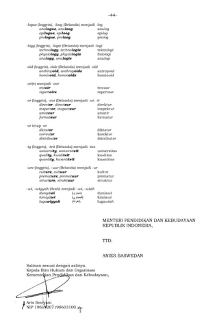 -44-
-logue (Inggris), -loog (Belanda) menjadi -log
analogue, analoog analog
epilogue, epiloog epilog
prologue, proloog prolog
-logy (Inggris), -logie (Belanda) menjadi -logi
technology, technologie teknologi
physiology, physiologie fisiologi
analogy, analogie analogi
-oid (Inggris), oide (Belanda) menjadi -oid
anthropoid, anthropoide antropoid
hominoid, hominoide hominoid
-oir(e) menjadi -oar
trotoir trotoar
repertoire repertoar
-or (Inggris), -eur (Belanda) menjadi -ur, -ir
director, directeur direktur
inspector, inspecteur inspektur
amateur amatir
formateur formatur
-or tetap -or
dictator diktator
corrector korektor
distributor distributor
-ty (Inggris), -teit (Belanda) menjadi -tas
university, universiteit universitas
quality, kwaliteit kualitas
quantity, kwantiteit kuantitas
-ure (Inggris), -uur (Belanda) menjadi -ur
culture, cultuur kultur
premature, prematuur prematur
structure, struktuur struktur
-wi, -wiyyah (Arab) menjadi -wi, -wiah
dunyāwī (‫)ﺩﻧﻴاﻭﻯ‬ duniawi
kimiyāwī (‫)ﮐﻴﻤﻴاﻮﻰ‬ kimiawi
lugawiyyah (‫ّﺔ‬‫ى‬‫)ﻟﻐﻮ‬ lugawiah
MENTERI PENDIDIKAN DAN KEBUDAYAAN
REPUBLIK INDONESIA,
TTD.
ANIES BASWEDAN
Salinan sesuai dengan aslinya.
Kepala Biro Hukum dan Organisasi
Kementerian Pendidikan dan Kebudayaan,
Aris Soviyani
NIP 196112071986031001
 
