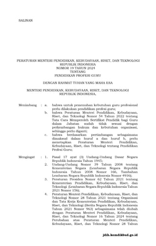PERMENDIKBUDRISTEK NOMOR 19 TAHUN 2024 TENTANG PENDIDIKAN PROFESI GURU ...