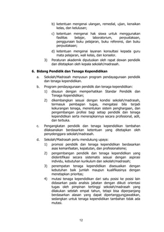 12
b) ketentuan mengenai ulangan, remedial, ujian, kenaikan
kelas, dan kelulusan;
c) ketentuan mengenai hak siswa untuk menggunakan
fasilitas belajar, laboratorium, perpustakaan,
penggunaan buku pelajaran, buku referensi, dan buku
perpustakaan;
d) ketentuan mengenai layanan konsultasi kepada guru
mata pelajaran, wali kelas, dan konselor.
3) Peraturan akademik diputuskan oleh rapat dewan pendidik
dan ditetapkan oleh kepala sekolah/madrasah.
6. Bidang Pendidik dan Tenaga Kependidikan
a. Sekolah/Madrasah menyusun program pendayagunaan pendidik
dan tenaga kependidikan.
b. Program pendayagunaan pendidik dan tenaga kependidikan:
1) disusun dengan memperhatikan Standar Pendidik dan
Tenaga Kependidikan;
2) dikembangkan sesuai dengan kondisi sekolah/madrasah,
termasuk pembagian tugas, mengatasi bila terjadi
kekurangan tenaga, menentukan sistem penghargaan, dan
pengembangan profesi bagi setiap pendidik dan tenaga
kependidikan serta menerapkannya secara profesional, adil,
dan terbuka.
c. Pengangkatan pendidik dan tenaga kependidikan tambahan
dilaksanakan berdasarkan ketentuan yang ditetapkan oleh
penyelenggara sekolah/madrasah.
d. Sekolah/Madrasah perlu mendukung upaya:
1) promosi pendidik dan tenaga kependidikan berdasarkan
asas kemanfaatan, kepatutan, dan profesionalisme;
2) pengembangan pendidik dan tenaga kependidikan yang
diidentifikasi secara sistematis sesuai dengan aspirasi
individu, kebutuhan kurikulum dan sekolah/madrasah;
3) penempatan tenaga kependidikan disesuaikan dengan
kebutuhan baik jumlah maupun kualifikasinya dengan
menetapkan prioritas;
4) mutasi tenaga kependidikan dari satu posisi ke posisi lain
didasarkan pada analisis jabatan dengan diikuti orientasi
tugas oleh pimpinan tertinggi sekolah/madrasah yang
dilakukan setelah empat tahun, tetapi bisa diperpanjang
berdasarkan alasan yang dapat dipertanggungjawabkan,
sedangkan untuk tenaga kependidikan tambahan tidak ada
mutasi.
 