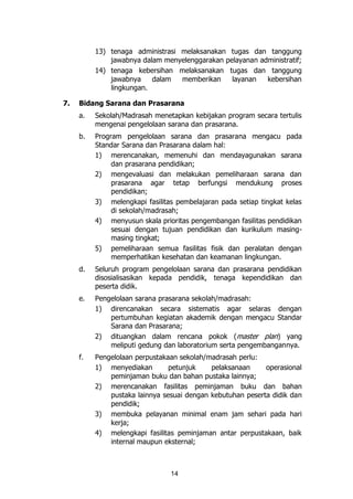 14
13) tenaga administrasi melaksanakan tugas dan tanggung
jawabnya dalam menyelenggarakan pelayanan administratif;
14) tenaga kebersihan melaksanakan tugas dan tanggung
jawabnya dalam memberikan layanan kebersihan
lingkungan.
7. Bidang Sarana dan Prasarana
a. Sekolah/Madrasah menetapkan kebijakan program secara tertulis
mengenai pengelolaan sarana dan prasarana.
b. Program pengelolaan sarana dan prasarana mengacu pada
Standar Sarana dan Prasarana dalam hal:
1) merencanakan, memenuhi dan mendayagunakan sarana
dan prasarana pendidikan;
2) mengevaluasi dan melakukan pemeliharaan sarana dan
prasarana agar tetap berfungsi mendukung proses
pendidikan;
3) melengkapi fasilitas pembelajaran pada setiap tingkat kelas
di sekolah/madrasah;
4) menyusun skala prioritas pengembangan fasilitas pendidikan
sesuai dengan tujuan pendidikan dan kurikulum masing-
masing tingkat;
5) pemeliharaan semua fasilitas fisik dan peralatan dengan
memperhatikan kesehatan dan keamanan lingkungan.
d. Seluruh program pengelolaan sarana dan prasarana pendidikan
disosialisasikan kepada pendidik, tenaga kependidikan dan
peserta didik.
e. Pengelolaan sarana prasarana sekolah/madrasah:
1) direncanakan secara sistematis agar selaras dengan
pertumbuhan kegiatan akademik dengan mengacu Standar
Sarana dan Prasarana;
2) dituangkan dalam rencana pokok (master plan) yang
meliputi gedung dan laboratorium serta pengembangannya.
f. Pengelolaan perpustakaan sekolah/madrasah perlu:
1) menyediakan petunjuk pelaksanaan operasional
peminjaman buku dan bahan pustaka lainnya;
2) merencanakan fasilitas peminjaman buku dan bahan
pustaka lainnya sesuai dengan kebutuhan peserta didik dan
pendidik;
3) membuka pelayanan minimal enam jam sehari pada hari
kerja;
4) melengkapi fasilitas peminjaman antar perpustakaan, baik
internal maupun eksternal;
 