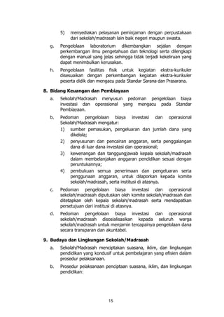 15
5) menyediakan pelayanan peminjaman dengan perpustakaan
dari sekolah/madrasah lain baik negeri maupun swasta.
g. Pengelolaan laboratorium dikembangkan sejalan dengan
perkembangan ilmu pengetahuan dan teknologi serta dilengkapi
dengan manual yang jelas sehingga tidak terjadi kekeliruan yang
dapat menimbulkan kerusakan.
h. Pengelolaan fasilitas fisik untuk kegiatan ekstra-kurikuler
disesuaikan dengan perkembangan kegiatan ekstra-kurikuler
peserta didik dan mengacu pada Standar Sarana dan Prasarana.
8. Bidang Keuangan dan Pembiayaan
a. Sekolah/Madrasah menyusun pedoman pengelolaan biaya
investasi dan operasional yang mengacu pada Standar
Pembiayaan.
b. Pedoman pengelolaan biaya investasi dan operasional
Sekolah/Madrasah mengatur:
1) sumber pemasukan, pengeluaran dan jumlah dana yang
dikelola;
2) penyusunan dan pencairan anggaran, serta penggalangan
dana di luar dana investasi dan operasional;
3) kewenangan dan tanggungjawab kepala sekolah/madrasah
dalam membelanjakan anggaran pendidikan sesuai dengan
peruntukannya;
4) pembukuan semua penerimaan dan pengeluaran serta
penggunaan anggaran, untuk dilaporkan kepada komite
sekolah/madrasah, serta institusi di atasnya.
c. Pedoman pengelolaan biaya investasi dan operasional
sekolah/madrasah diputuskan oleh komite sekolah/madrasah dan
ditetapkan oleh kepala sekolah/madrasah serta mendapatkan
persetujuan dari institusi di atasnya.
d. Pedoman pengelolaan biaya investasi dan operasional
sekolah/madrasah disosialisasikan kepada seluruh warga
sekolah/madrasah untuk menjamin tercapainya pengelolaan dana
secara transparan dan akuntabel.
9. Budaya dan Lingkungan Sekolah/Madrasah
a. Sekolah/Madrasah menciptakan suasana, iklim, dan lingkungan
pendidikan yang kondusif untuk pembelajaran yang efisien dalam
prosedur pelaksanaan.
b. Prosedur pelaksanaan penciptaan suasana, iklim, dan lingkungan
pendidikan:
 