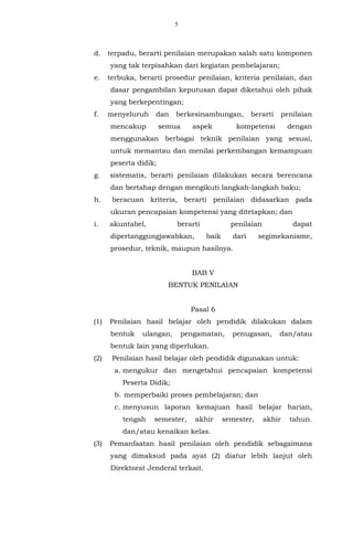 5
d. terpadu, berarti penilaian merupakan salah satu komponen
yang tak terpisahkan dari kegiatan pembelajaran;
e. terbuka, berarti prosedur penilaian, kriteria penilaian, dan
dasar pengambilan keputusan dapat diketahui oleh pihak
yang berkepentingan;
f. menyeluruh dan berkesinambungan, berarti penilaian
mencakup semua aspek kompetensi dengan
menggunakan berbagai teknik penilaian yang sesuai,
untuk memantau dan menilai perkembangan kemampuan
peserta didik;
g. sistematis, berarti penilaian dilakukan secara berencana
dan bertahap dengan mengikuti langkah-langkah baku;
h. beracuan kriteria, berarti penilaian didasarkan pada
ukuran pencapaian kompetensi yang ditetapkan; dan
i. akuntabel, berarti penilaian dapat
dipertanggungjawabkan, baik dari segimekanisme,
prosedur, teknik, maupun hasilnya.
BAB V
BENTUK PENILAIAN
Pasal 6
(1) Penilaian hasil belajar oleh pendidik dilakukan dalam
bentuk ulangan, pengamatan, penugasan, dan/atau
bentuk lain yang diperlukan.
(2) Penilaian hasil belajar oleh pendidik digunakan untuk:
a. mengukur dan mengetahui pencapaian kompetensi
Peserta Didik;
b. memperbaiki proses pembelajaran; dan
c. menyusun laporan kemajuan hasil belajar harian,
tengah semester, akhir semester, akhir tahun.
dan/atau kenaikan kelas.
(3) Pemanfaatan hasil penilaian oleh pendidik sebagaimana
yang dimaksud pada ayat (2) diatur lebih lanjut oleh
Direktorat Jenderal terkait.
 