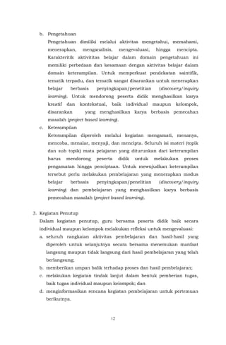 12
b. Pengetahuan
Pengetahuan dimiliki melalui aktivitas mengetahui, memahami,
menerapkan, menganalisis, mengevaluasi, hingga mencipta.
Karakteritik aktivititas belajar dalam domain pengetahuan ini
memiliki perbedaan dan kesamaan dengan aktivitas belajar dalam
domain keterampilan. Untuk memperkuat pendekatan saintifik,
tematik terpadu, dan tematik sangat disarankan untuk menerapkan
belajar berbasis penyingkapan/penelitian (discovery/inquiry
learning). Untuk mendorong peserta didik menghasilkan karya
kreatif dan kontekstual, baik individual maupun kelompok,
disarankan yang menghasilkan karya berbasis pemecahan
masalah (project based learning).
c. Keterampilan
Keterampilan diperoleh melalui kegiatan mengamati, menanya,
mencoba, menalar, menyaji, dan mencipta. Seluruh isi materi (topik
dan sub topik) mata pelajaran yang diturunkan dari keterampilan
harus mendorong peserta didik untuk melakukan proses
pengamatan hingga penciptaan. Untuk mewujudkan keterampilan
tersebut perlu melakukan pembelajaran yang menerapkan modus
belajar berbasis penyingkapan/penelitian (discovery/inquiry
learning) dan pembelajaran yang menghasilkan karya berbasis
pemecahan masalah (project based learning).
3. Kegiatan Penutup
Dalam kegiatan penutup, guru bersama peserta didik baik secara
individual maupun kelompok melakukan refleksi untuk mengevaluasi:
a. seluruh rangkaian aktivitas pembelajaran dan hasil-hasil yang
diperoleh untuk selanjutnya secara bersama menemukan manfaat
langsung maupun tidak langsung dari hasil pembelajaran yang telah
berlangsung;
b. memberikan umpan balik terhadap proses dan hasil pembelajaran;
c. melakukan kegiatan tindak lanjut dalam bentuk pemberian tugas,
baik tugas individual maupun kelompok; dan
d. menginformasikan rencana kegiatan pembelajaran untuk pertemuan
berikutnya.
 