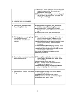 3.2 Menguasai esensi bimbingan dan konseling pada
satuan jenis pendidikan umum, kejuruan,
keagamaan, dan khusus
3.3 Menguasai esensi bimbingan dan konseling pada
satuan jenjang pendidikan usia dini, dasar dan
menengah, serta tinggi.
B. KOMPETENSI KEPRIBADIAN
4. Beriman dan bertakwa kepada
Tuhan Yang Maha Esa
4.1 Menampilkan kepribadian yang beriman dan
bertakwa kepada Tuhan Yang Maha Esa
4.2 Konsisten dalam menjalankan kehidupan
beragama dan toleran terhadap pemeluk agama
lain
4.3 Berakhlak mulia dan berbudi pekerti luhur
5. Menghargai dan menjunjung tinggi
nilai-nilai kemanusiaan,
individualitas dan kebebasan
memilih
5.1 Mengaplikasikan pandangan positif dan dinamis
tentang manusia sebagai makhluk spiritual,
bermoral, sosial, individual, dan berpotensi
5.2 Menghargai dan mengembangkan potensi positif
individu pada umumnya dan konseli pada
khususnya
5.3 Peduli terhadap kemaslahatan manusia pada
umumnya dan konseli pada khususnya
5.4 Menjunjung tinggi harkat dan martabat manusia
sesuai dengan hak asasinya.
5.5 Toleran terhadap permasalahan konseli
5.6 Bersikap demokratis.
6. Menunjukkan integritasdan stabilitas
kepribadian yang kuat
6.1 Menampilkan kepribadian dan perilaku yang
terpuji (seperti berwibawa, jujur, sabar, ramah,
dan konsisten )
6.2 Menampilkan emosi yang stabil.
6.3 Peka, bersikap empati, serta menghormati
keragaman dan perubahan
6.4 Menampilkan toleransi tinggi terhadap konseli
yang menghadapi stres dan frustasi
7. Menampilkan kinerja berkualitas
tinggi
7.1 Menampilkan tindakan yang cerdas, kreatif,
inovatif, dan produktif
7.2 Bersemangat, berdisiplin, dan mandiri
7.3 Berpenampilan menarik dan menyenangkan
7.4 Berkomunikasi secara efektif
6
 