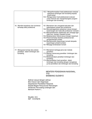 15.3 Menginformasikan hasil pelaksanaan evaluasi
pelayanan bimbingan dan konseling kepada
pihak terkait
15.4 Menggunakan hasil pelaksanaan evaluasi
untuk merevisi dan mengembangkan program
bimbingan dan konseling
16. Memiliki kesadaran dan komitmen
terhadap etika profesional
16.1 Memahami dan mengelola kekuatan dan
keterbatasan pribadi dan profesional.
16.2 Menyelenggarakan pelayanan sesuai dengan
kewenangan dan kode etik profesional konselor
16.3 Mempertahankan objektivitas dan menjaga agar
tidak larut dengan masalah konseli.
16.4 Melaksanakan referal sesuai dengan keperluan
16.5 Peduli terhadap identitas profesional dan
pengembangan profesi
16.6 Mendahulukan kepentingan konseli daripada
kepentingan pribadi konselor
16.7 Menjaga kerahasiaan konseli
17. Menguasai konsep dan praksis
penelitian dalam bimbingan dan
konseling
17.1 Memahami berbagai jenis dan metode
penelitian
17.2 Mampu merancang penelitian bimbingan dan
konseling
17.3 Melaksaanakan penelitian bimbingan dan
konseling
17.4 Memanfaatkan hasil penelitian dalam
bimbingan dan konseling dengan mengakses
jurnal pendidikan dan bimbingan dan konseling
MENTERI PENDIDIKAN NASIONAL,
TTD
BAMBANG SUDIBYO
Salinan sesuai dengan aslinya
Biro Hukum dan Organisasi
Departemen Pendidikan Nasional,
Kepala Bagian Penyusunan Rancangan
Peraturan Perundang-undangan dan
Bantuan Hukum I,
Muslikh, S.H.
NIP 131479478
9
 