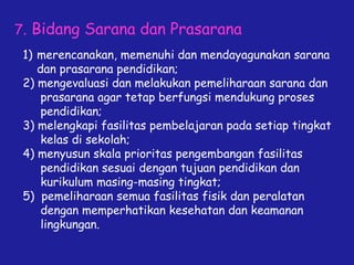 7. Bidang Sarana dan Prasarana
1) merencanakan, memenuhi dan mendayagunakan sarana
dan prasarana pendidikan;
2) mengevaluasi dan melakukan pemeliharaan sarana dan
prasarana agar tetap berfungsi mendukung proses
pendidikan;
3) melengkapi fasilitas pembelajaran pada setiap tingkat
kelas di sekolah;
4) menyusun skala prioritas pengembangan fasilitas
pendidikan sesuai dengan tujuan pendidikan dan
kurikulum masing-masing tingkat;
5) pemeliharaan semua fasilitas fisik dan peralatan
dengan memperhatikan kesehatan dan keamanan
lingkungan.
 