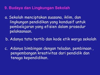 9. Budaya dan Lingkungan Sekolah
a. Sekolah menciptakan suasana, iklim, dan
lingkungan pendidikan yang kondusif untuk
pembelajaran yang efisien dalam prosedur
pelaksanaan.
b. Adanya tata-tertib dan kode etik warga sekolah
c. Adanya bimbingan dengan teladan, pembinaan ,
pengembangan kreativitas dari pendidik dan
tenaga kependidikan.
 