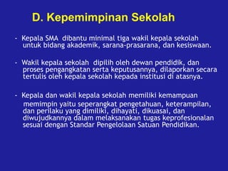 D. Kepemimpinan Sekolah
- Kepala SMA dibantu minimal tiga wakil kepala sekolah
untuk bidang akademik, sarana-prasarana, dan kesiswaan.
- Wakil kepala sekolah dipilih oleh dewan pendidik, dan
proses pengangkatan serta keputusannya, dilaporkan secara
tertulis oleh kepala sekolah kepada institusi di atasnya.
- Kepala dan wakil kepala sekolah memiliki kemampuan
memimpin yaitu seperangkat pengetahuan, keterampilan,
dan perilaku yang dimiliki, dihayati, dikuasai, dan
diwujudkannya dalam melaksanakan tugas keprofesionalan
sesuai dengan Standar Pengelolaan Satuan Pendidikan.
 