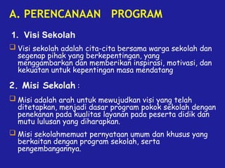 A. PERENCANAAN PROGRAM
 Visi sekolah adalah cita-cita bersama warga sekolah dan
segenap pihak yang berkepentingan, yang
menggambarkan dan memberikan inspirasi, motivasi, dan
kekuatan untuk kepentingan masa mendatang
1. Visi Sekolah
2. Misi Sekolah :
 Misi adalah arah untuk mewujudkan visi yang telah
ditetapkan, menjadi dasar program pokok sekolah dengan
penekanan pada kualitas layanan pada peserta didik dan
mutu lulusan yang diharapkan.
 Misi sekolahmemuat pernyataan umum dan khusus yang
berkaitan dengan program sekolah, serta
pengembangannya.
 