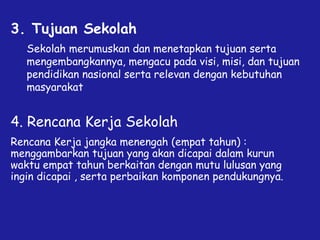 3. Tujuan Sekolah
Sekolah merumuskan dan menetapkan tujuan serta
mengembangkannya, mengacu pada visi, misi, dan tujuan
pendidikan nasional serta relevan dengan kebutuhan
masyarakat
4. Rencana Kerja Sekolah
Rencana Kerja jangka menengah (empat tahun) :
menggambarkan tujuan yang akan dicapai dalam kurun
waktu empat tahun berkaitan dengan mutu lulusan yang
ingin dicapai , serta perbaikan komponen pendukungnya.
 