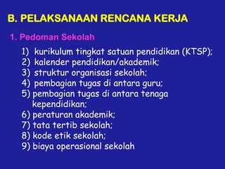 B. PELAKSANAAN RENCANA KERJA
1. Pedoman Sekolah
1) kurikulum tingkat satuan pendidikan (KTSP);
2) kalender pendidikan/akademik;
3) struktur organisasi sekolah;
4) pembagian tugas di antara guru;
5) pembagian tugas di antara tenaga
kependidikan;
6) peraturan akademik;
7) tata tertib sekolah;
8) kode etik sekolah;
9) biaya operasional sekolah
 