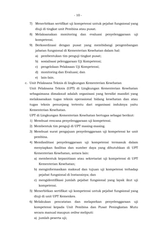 - 10 -
7) Menerbitkan sertifikat uji kompetensi untuk pejabat fungsional yang
diuji di tingkat unit Pembina atau pusat.
8) Melaksanakan monitoring dan evaluasi penyelenggaraan uji
kompetensi.
9) Berkoordinasi dengan pusat yang membidangi pengembangan
jabatan fungsional di Kementerian Kesehatan dalam hal:
a) pembentukan tim penguji tingkat pusat;
b) sosialisasi pelenggaraan Uji Kompetensi;
c) pengelolaan Pelaksaan Uji Kompetensi;
d) monitoring dan Evaluasi; dan
e) lain-lain.
c. Unit Pelaksana Teknis di lingkungan Kementerian Kesehatan
Unit Pelaksana Teknis (UPT) di Lingkungan Kementerian Kesehatan
sebagaimana dimaksud adalah organisasi yang bersifat mandiri yang
melaksanakan tugas teknis operasional bidang kesehatan dan atau
tugas teknis penunjang tertentu dari organisasi induknya yaitu
Kementerian Kesehatan.
UPT di Lingkungan Kementerian Kesehatan bertugas sebagai berikut:
1) Membuat rencana penyelenggaraan uji kompetensi.
2) Membentuk tim penguji di UPT masing-masing.
3) Membuat surat pengajuan penyelenggaraan uji kompetensi ke unit
pembina.
4) Memfasilitasi penyelenggaraan uji kompetensi termasuk dalam
menyiapkan fasilitas dan sumber daya yang dibutuhkan di UPT
Kementerian Kesehatan, antara lain:
a) membentuk kepanitiaan atau sekretariat uji kompetensi di UPT
Kementerian Kesehatan;
b) menginformasikan maksud dan tujuan uji kompetensi terhadap
pejabat fungsional di Instansinya; dan
c) mengidentifikasi jumlah pejabat fungsional yang layak ikut uji
kompetensi.
5) Menerbitkan sertifikat uji kompetensi untuk pejabat fungsional yang
diuji di unit UPT Kemenkes.
6) Melakukan pencatatan dan melaporkan penyelenggaraan uji
kompetensi kepada Unit Pembina dan Pusat Peningkatan Mutu
secara manual maupun online meliputi:
a) jumlah peserta uji;
 
