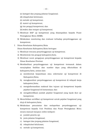 - 13 -
(c) kategori dan jenjang jabatan fungsional;
(d) rekapitulasi kelulusan;
(e) metode uji kompetensi;
(f) materi uji kompetensi;
(g) tim penguji kompetensi; dan
(h) waktu dan tempat uji kompetensi.
7) Membuat BAP uji kompetensi yang disampaikan kepada Pusat
Peningkatan Mutu SDMK.
8) Melakukan monitoring dan evaluasi terhadap penyelenggaraan uji
kompetensi.
f. Dinas Kesehatan Kabupaten/Kota
Dinas Kesehatan Kabupaten/Kota bertugas:
1) Membuat rencana penyelenggaraan uji kompetensi.
2) Membentuk tim penguji kabupaten/kota.
3) Membuat surat pengajuan penyelenggaraan uji kompetensi kepada
Dinas Kesehatan Provinsi.
4) Memfasilitasi penyelenggaraan uji kompetensi termasuk dalam
menyiapkan fasilitas dan sumber daya yang dibutuhkan di
kabupaten/kota, antara lain:
a) membentuk kepanitiaan atau sekretariat uji kompetensi di
Kabupaten/Kota;
b) mengkoordinir penyelenggaraan uji kompetensi di wilayah kerja
kabupaten/kota;
c) menginformasikan maksud dan tujuan uji kompetensi kepada
pejabat fungsional di Instansinya; dan
d) mengidentifikasi jumlah pejabat fungsional yang layak ikut uji
kompetensi.
5) Menerbitkan sertifikat uji kompetensi untuk pejabat fungsional yang
diuji di kabupaten/kota.
6) Melakukan pencatatan dan melaporkan penyelenggaraan uji
kompetensi kepada Unit Pembina dan Pusat Peningkatan Mutu
secara manual maupun online meliputi:
a) jumlah peserta uji;
b) jenis jabatan fungsional;
c) kategori dan jenjang jabatan fungsional;
d) rekapitulasi kelulusan;
e) metode uji kompetensi;
 