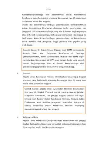 - 22 -
Kementerian/Lembaga non Kementerian selain Kementerian
Kesehatan, yang berjumlah sekurang-kurangnya tiga (3) orang dan
terdiri atas ketua dan anggota.
Dalam hal kementerian/lembaga pemerintahan nonkementerian
selain Kementerian Kesehatan dianggap perlu menetapkan tim
penguji di UPT atau satuan kerja yang ada di bawah lingkungannya
atau di bawah koordinasinya, maka dapat ditetapkan tim penguji di
lingkungan kementerian/lembaga pemerintahan nonkementerian
selain tersebut oleh pimpinan tinggi pratama atau pejabat yang
lebih tinggi.
d. Provinsi
Kepala Dinas Kesehatan Provinsi menetapkan tim penguji tingkat
provinsi, yang berjumlah sekurang-kurangnya tiga (3) orang dan
terdiri atas ketua dan anggota.
e. Kabupaten/Kota
Kepala Dinas Kesehatan Kabupaten/Kota menetapkan tim penguji
tingkat Kabupaten/Kota yang berjumlah sekurang-kurangnya tiga
(3) orang dan terdiri dari ketua dan anggota.
Contoh kasus 1: Kementerian Hukum dan HAM membawahi
Rumah Sakit atau Pelayanan Kesehatan di Lembaga
permasyarakatan, maka Kementerian Hukum dan HAM dapat
menetapkan tim penguji di UPT atau satuan kerja yang ada di
bawah lingkungannya atau di bawah koordinasinya oleh
pimpinan tinggi pratama atau pejabat yang lebih tinggi.
Contoh kasus: Kepala Dinas Kesehatan Provinsi menetapkan
tim penguji tingkat Provinsi untuk masing-masing jabatan
fungsional kesehatan, tim penguji tingkat provinsi ini dapat
berasal dari Kantor Dinas Kesehatan Provinsi, Rumah Sakit,
Puskesmas atau fasilitas pelayanan kesehatan lainnya di
bawah koordinasi Dinas Kesehatan Provinsi sepanjang
memenuhi syarat sebagi tim penguji.
 