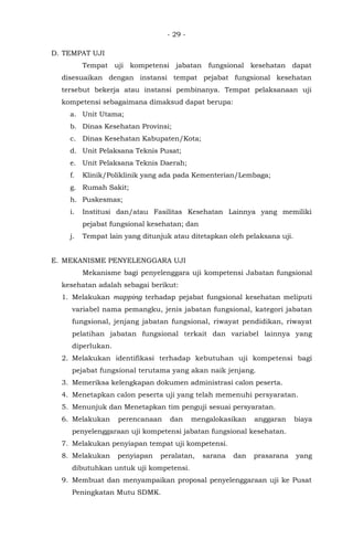 - 29 -
D. TEMPAT UJI
Tempat uji kompetensi jabatan fungsional kesehatan dapat
disesuaikan dengan instansi tempat pejabat fungsional kesehatan
tersebut bekerja atau instansi pembinanya. Tempat pelaksanaan uji
kompetensi sebagaimana dimaksud dapat berupa:
a. Unit Utama;
b. Dinas Kesehatan Provinsi;
c. Dinas Kesehatan Kabupaten/Kota;
d. Unit Pelaksana Teknis Pusat;
e. Unit Pelaksana Teknis Daerah;
f. Klinik/Poliklinik yang ada pada Kementerian/Lembaga;
g. Rumah Sakit;
h. Puskesmas;
i. Institusi dan/atau Fasilitas Kesehatan Lainnya yang memiliki
pejabat fungsional kesehatan; dan
j. Tempat lain yang ditunjuk atau ditetapkan oleh pelaksana uji.
E. MEKANISME PENYELENGGARA UJI
Mekanisme bagi penyelenggara uji kompetensi Jabatan fungsional
kesehatan adalah sebagai berikut:
1. Melakukan mapping terhadap pejabat fungsional kesehatan meliputi
variabel nama pemangku, jenis jabatan fungsional, kategori jabatan
fungsional, jenjang jabatan fungsional, riwayat pendidikan, riwayat
pelatihan jabatan fungsional terkait dan variabel lainnya yang
diperlukan.
2. Melakukan identifikasi terhadap kebutuhan uji kompetensi bagi
pejabat fungsional terutama yang akan naik jenjang.
3. Memeriksa kelengkapan dokumen administrasi calon peserta.
4. Menetapkan calon peserta uji yang telah memenuhi persyaratan.
5. Menunjuk dan Menetapkan tim penguji sesuai persyaratan.
6. Melakukan perencanaan dan mengalokasikan anggaran biaya
penyelenggaraan uji kompetensi jabatan fungsional kesehatan.
7. Melakukan penyiapan tempat uji kompetensi.
8. Melakukan penyiapan peralatan, sarana dan prasarana yang
dibutuhkan untuk uji kompetensi.
9. Membuat dan menyampaikan proposal penyelenggaraan uji ke Pusat
Peningkatan Mutu SDMK.
 