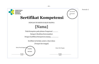 - 40 -
Ketua Penyelenggara Uji,
NAMA
N I P
Ketua Tim Penguji,
NAMA
N I P
DENGAN INI MENYATAKAN BAHWA
[Nama]
Telah Kompeten pada jabatan Fungsional .............
Kategori (Keahlian/keterampilan)
Dengan kualifikasi/Kompetensi jenjang ...................
Sertifikat ini berlaku untuk 2 (dua) tahun
[Tempat dan tanggal]
STEMPEL
INSTANSI
LOGO INSTANSI
PENYELENGGA
RA
Sertifikat Kompetensi
Formulir 2
 